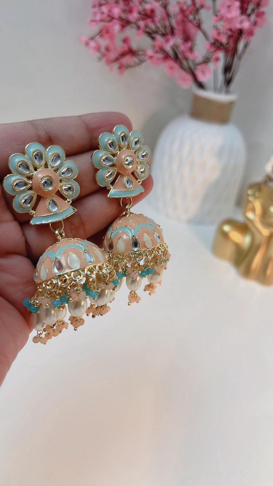 Mint Blue Earrings | Peach Earrings | Indian Jewelry | South Asian Jewelry | Party Earrings | Blue Earrings | Partywear Earrings