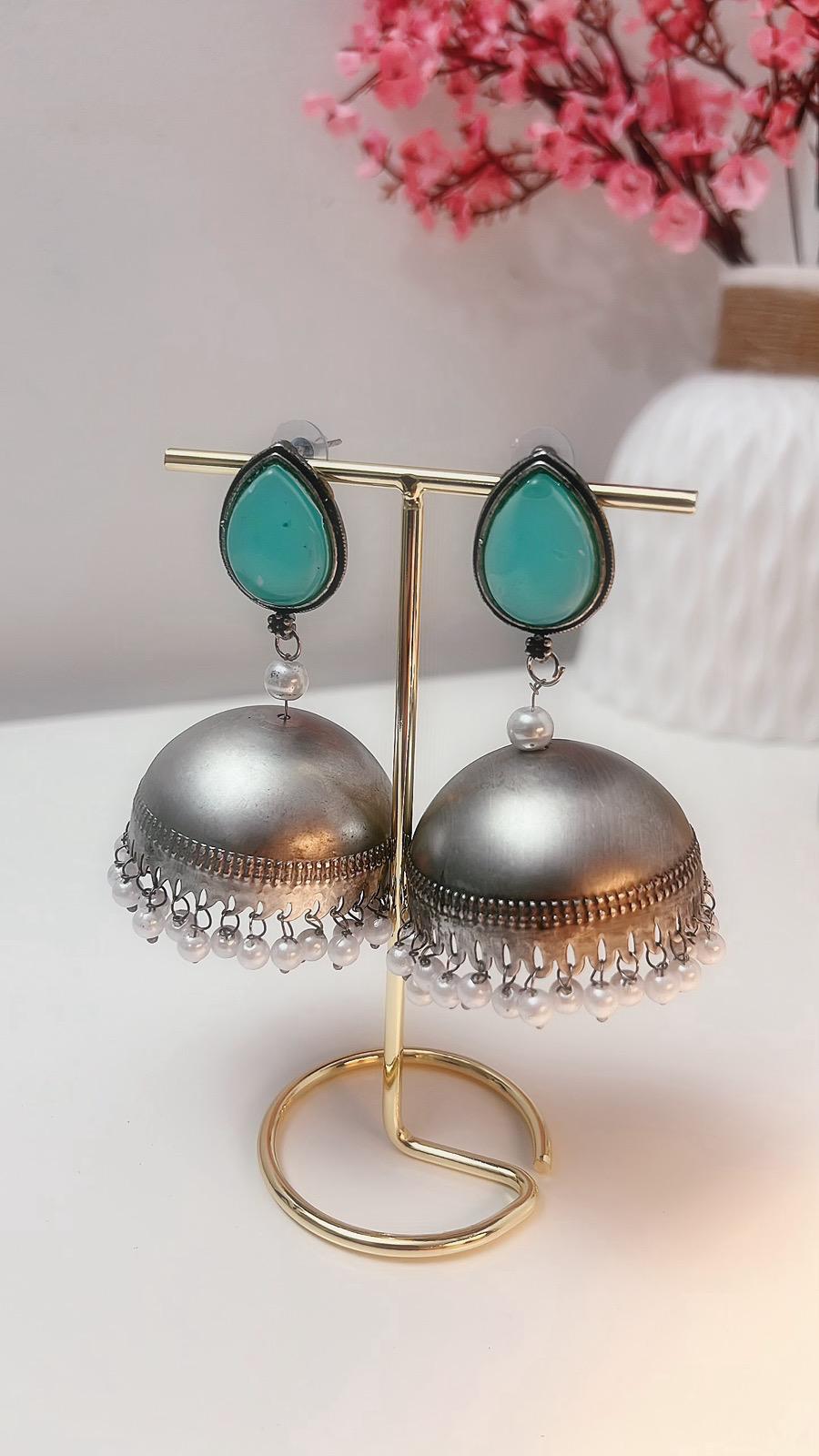 Mint Blue Jhumka | Earrings | Jhumki | Partywear Jhumka | Mint Earrings | Oxidized Earrings | Antique Earrings | Oxidized Jhumka