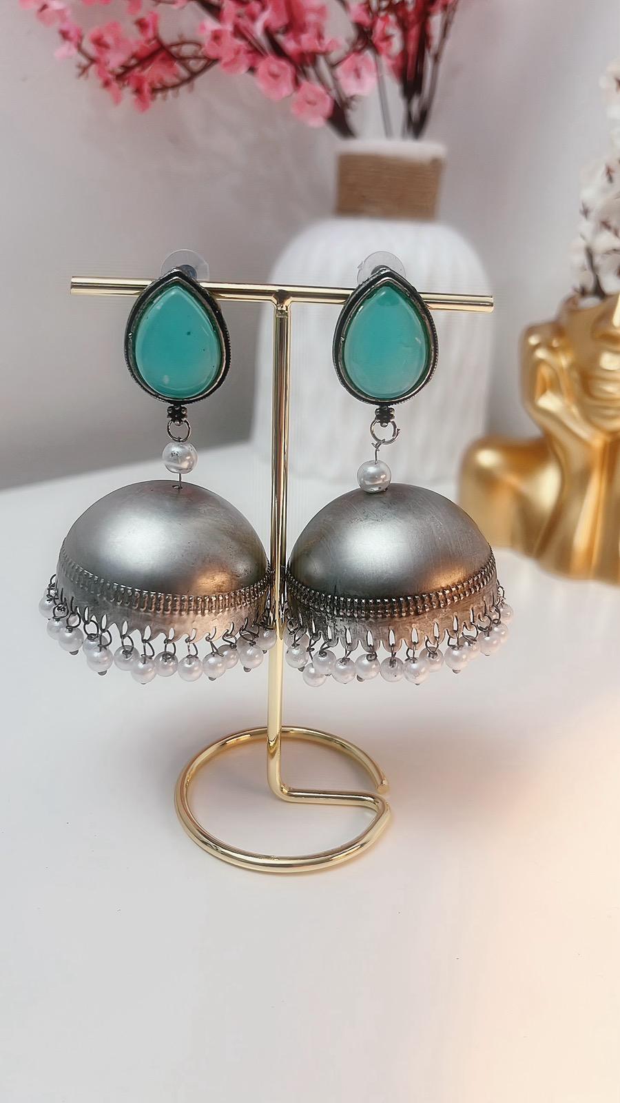 Mint Blue Jhumka | Earrings | Jhumki | Partywear Jhumka | Mint Earrings | Oxidized Earrings | Antique Earrings | Oxidized Jhumka