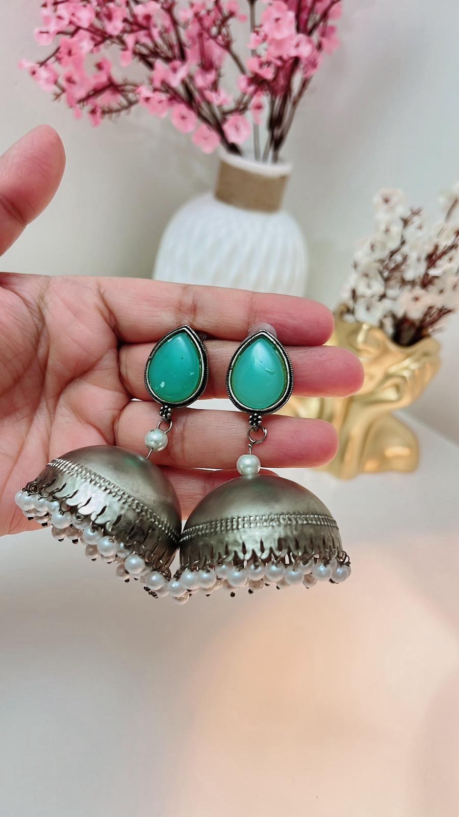Mint Blue Jhumka | Earrings | Jhumki | Partywear Jhumka | Mint Earrings | Oxidized Earrings | Antique Earrings | Oxidized Jhumka
