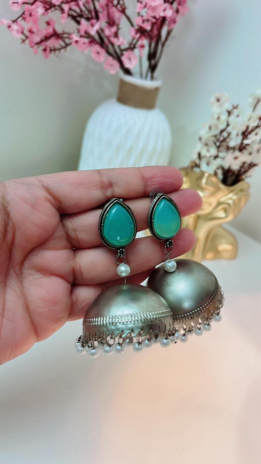 Mint Blue Jhumka | Earrings | Jhumki | Partywear Jhumka | Mint Earrings | Oxidized Earrings | Antique Earrings | Oxidized Jhumka
