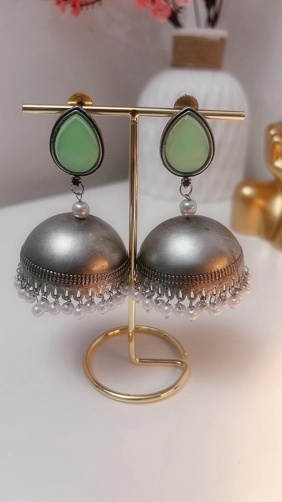 Green Jhumka | Earrings | Jhumki | Partywear Jhumka | Green Earrings | Oxidized Earrings | Antique Earrings | Oxidized Jhumka