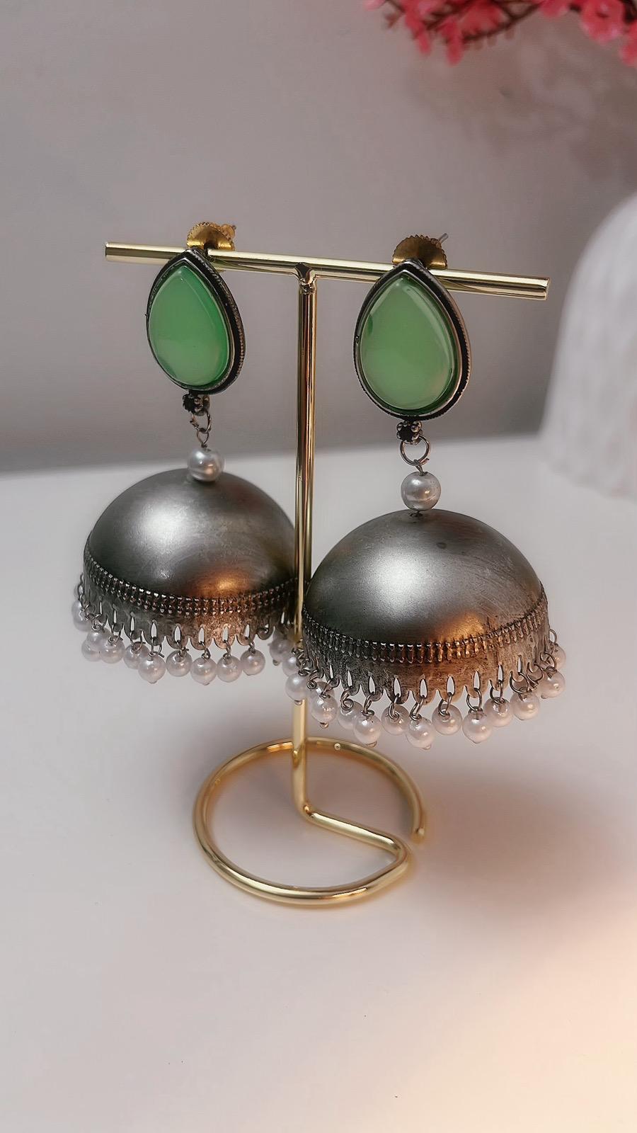Green Jhumka | Earrings | Jhumki | Partywear Jhumka | Green Earrings | Oxidized Earrings | Antique Earrings | Oxidized Jhumka