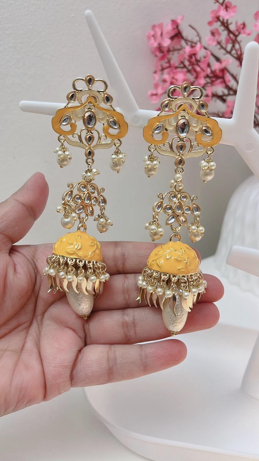 Yellow Earrings | Yellow Partywear Earrings | Earrings | Indian Earrings | Cute Earrings | Yellow Jhumka | Yellow Danglers