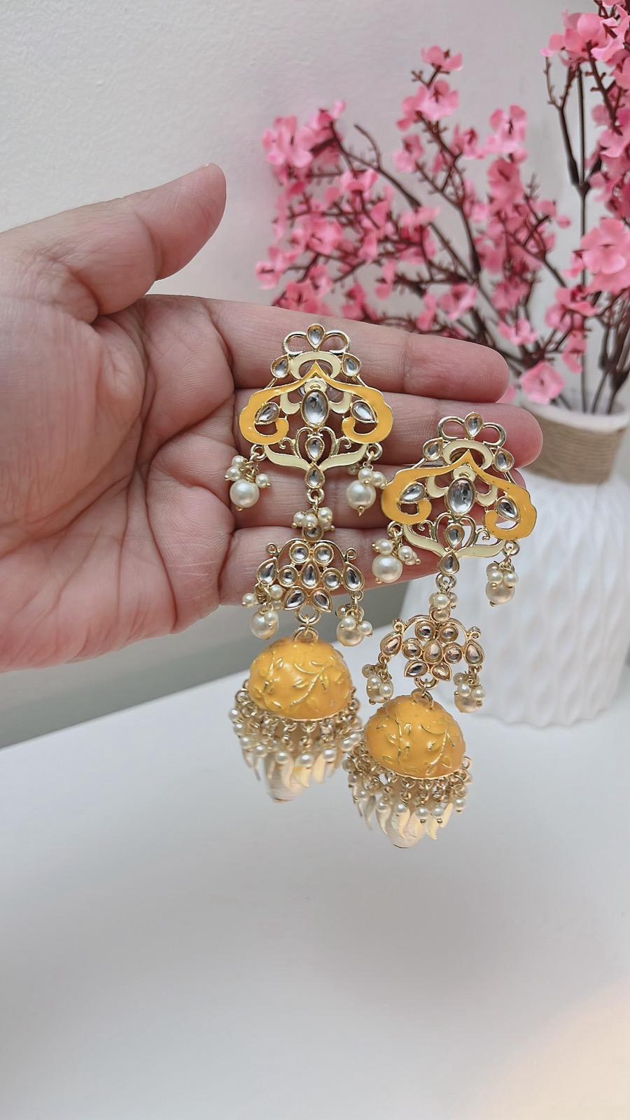 Yellow Earrings | Yellow Partywear Earrings | Earrings | Indian Earrings | Cute Earrings | Yellow Jhumka | Yellow Danglers