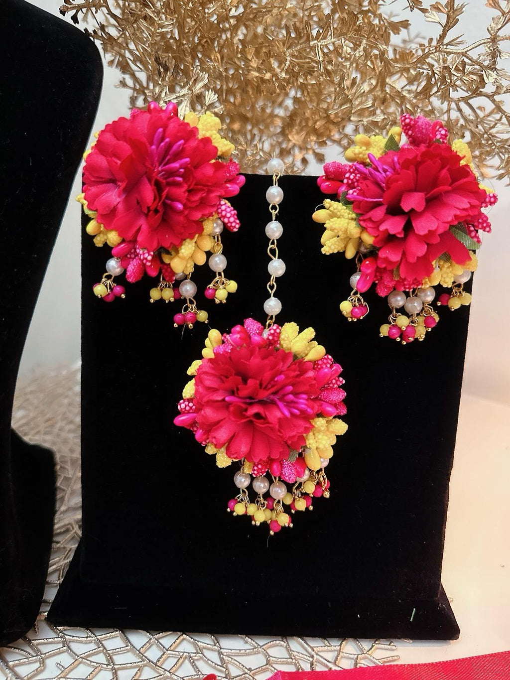 Floral Hot Pink Necklace Set, Haldi Necklace Set, Pink Jewelry, Pink Bridal Necklace Set, Pink Tikka, Pink Earrings, Bracelets & Rings