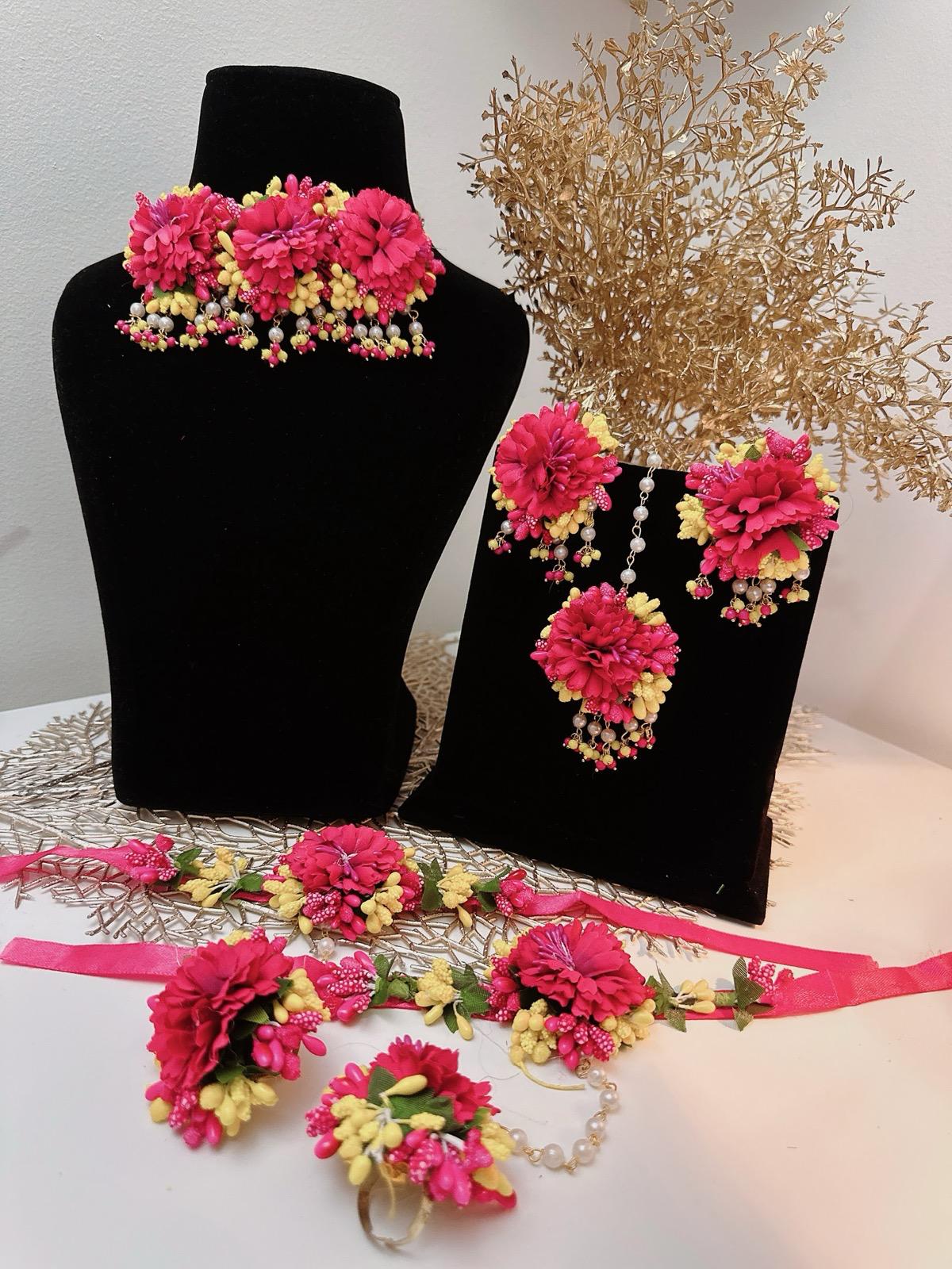 Floral Hot Pink Necklace Set, Haldi Necklace Set, Pink Jewelry, Pink Bridal Necklace Set, Pink Tikka, Pink Earrings, Bracelets & Rings