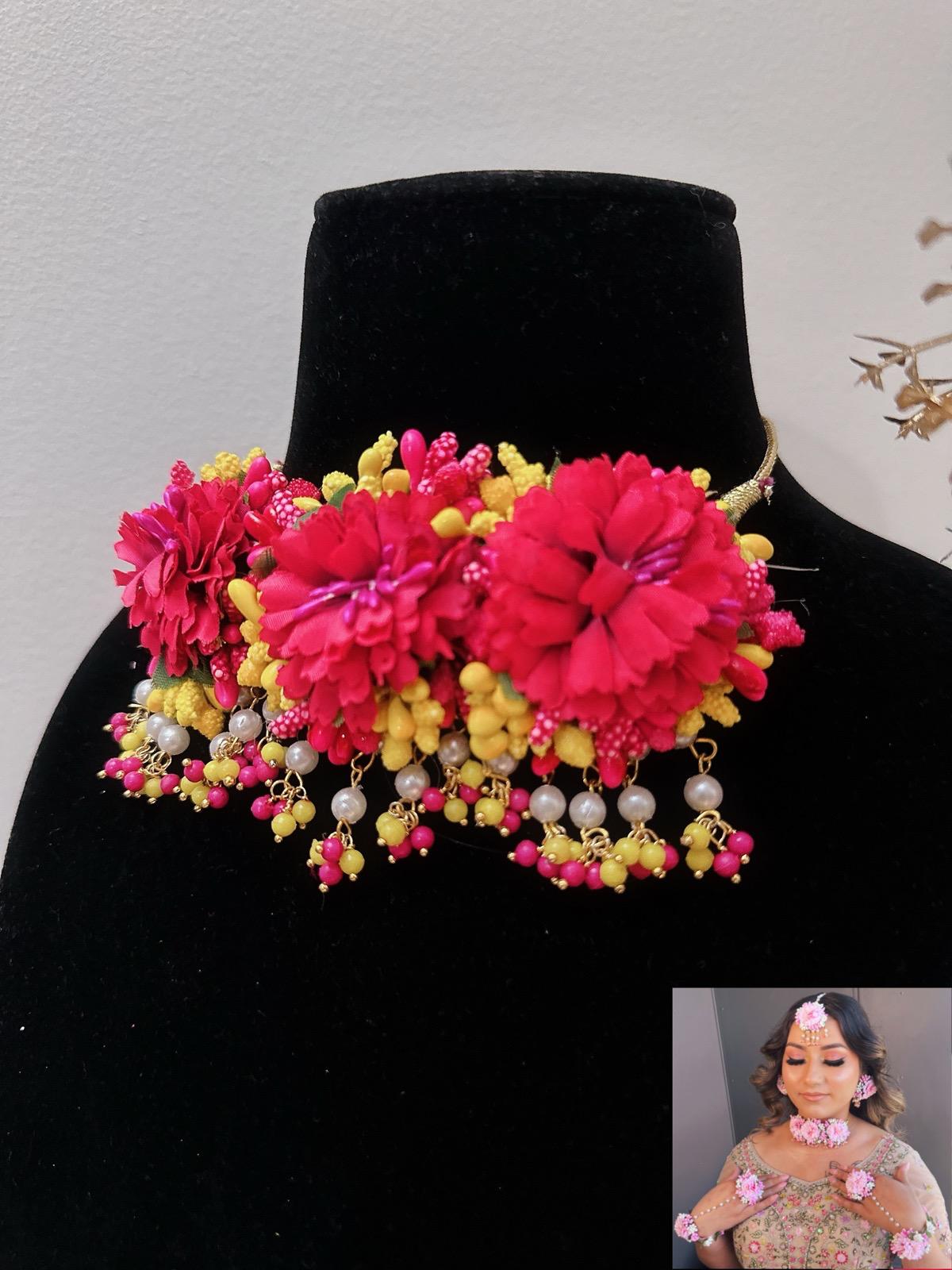 Floral Hot Pink Necklace Set, Haldi Necklace Set, Pink Jewelry, Pink Bridal Necklace Set, Pink Tikka, Pink Earrings, Bracelets & Rings