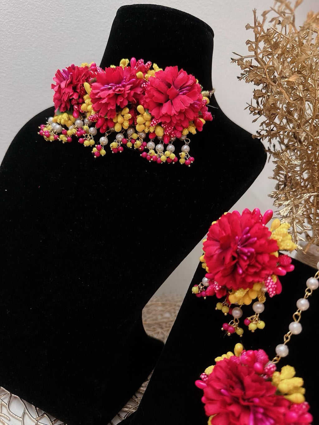 Floral Hot Pink Necklace Set, Haldi Necklace Set, Pink Jewelry, Pink Bridal Necklace Set, Pink Tikka, Pink Earrings, Bracelets & Rings