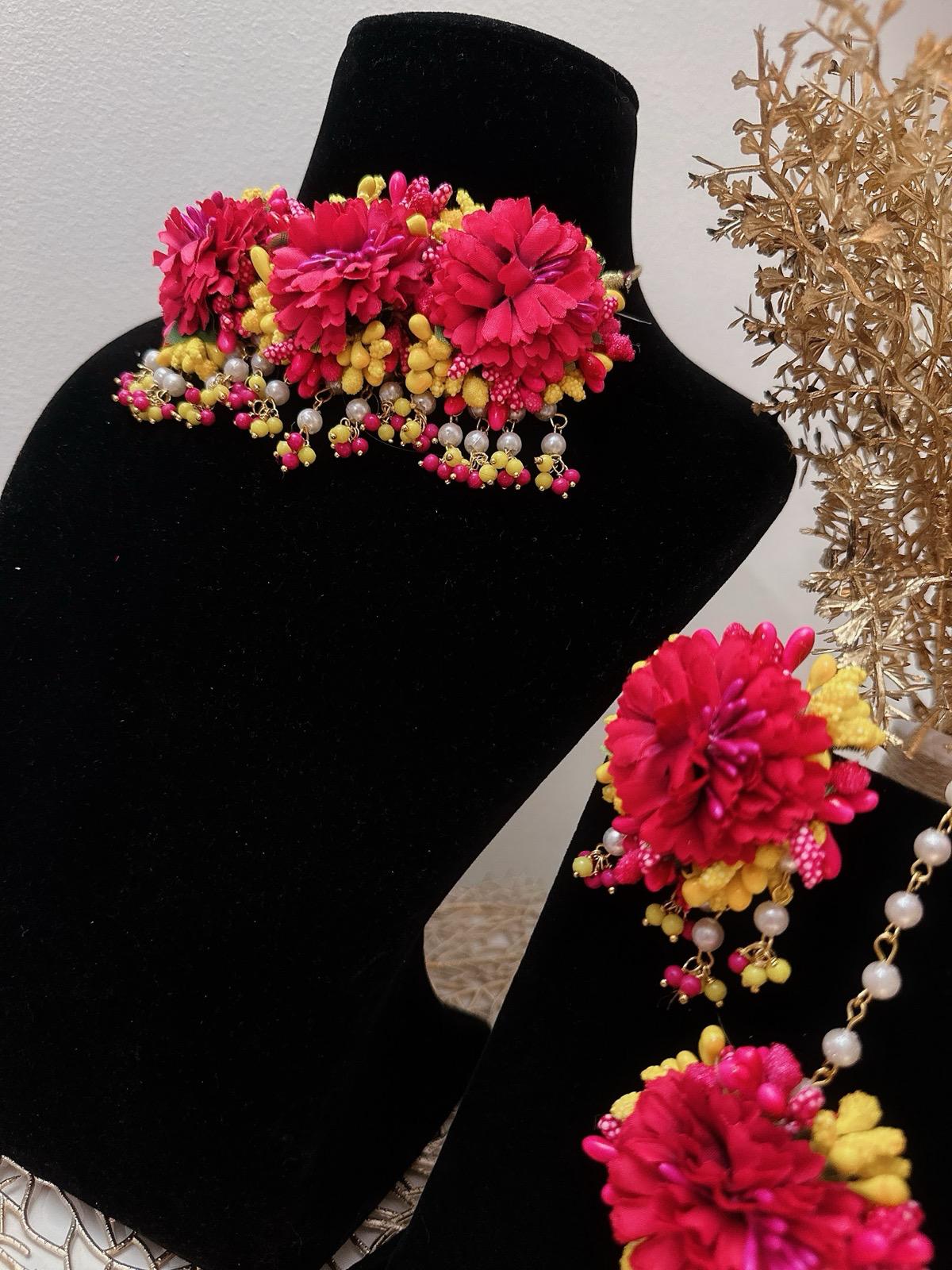 Floral Hot Pink Necklace Set, Haldi Necklace Set, Pink Jewelry, Pink Bridal Necklace Set, Pink Tikka, Pink Earrings, Bracelets & Rings