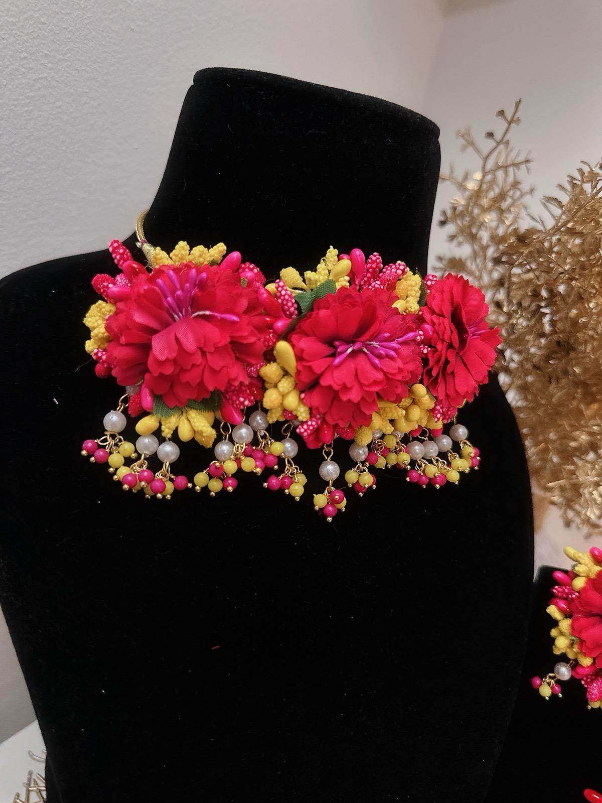 Floral Hot Pink Necklace Set, Haldi Necklace Set, Pink Jewelry, Pink Bridal Necklace Set, Pink Tikka, Pink Earrings, Bracelets & Rings