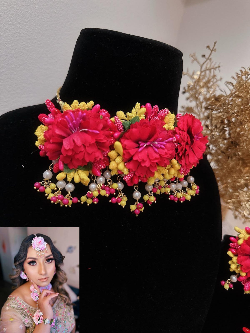 Floral Hot Pink Necklace Set, Haldi Necklace Set, Pink Jewelry, Pink Bridal Necklace Set, Pink Tikka, Pink Earrings, Bracelets & Rings