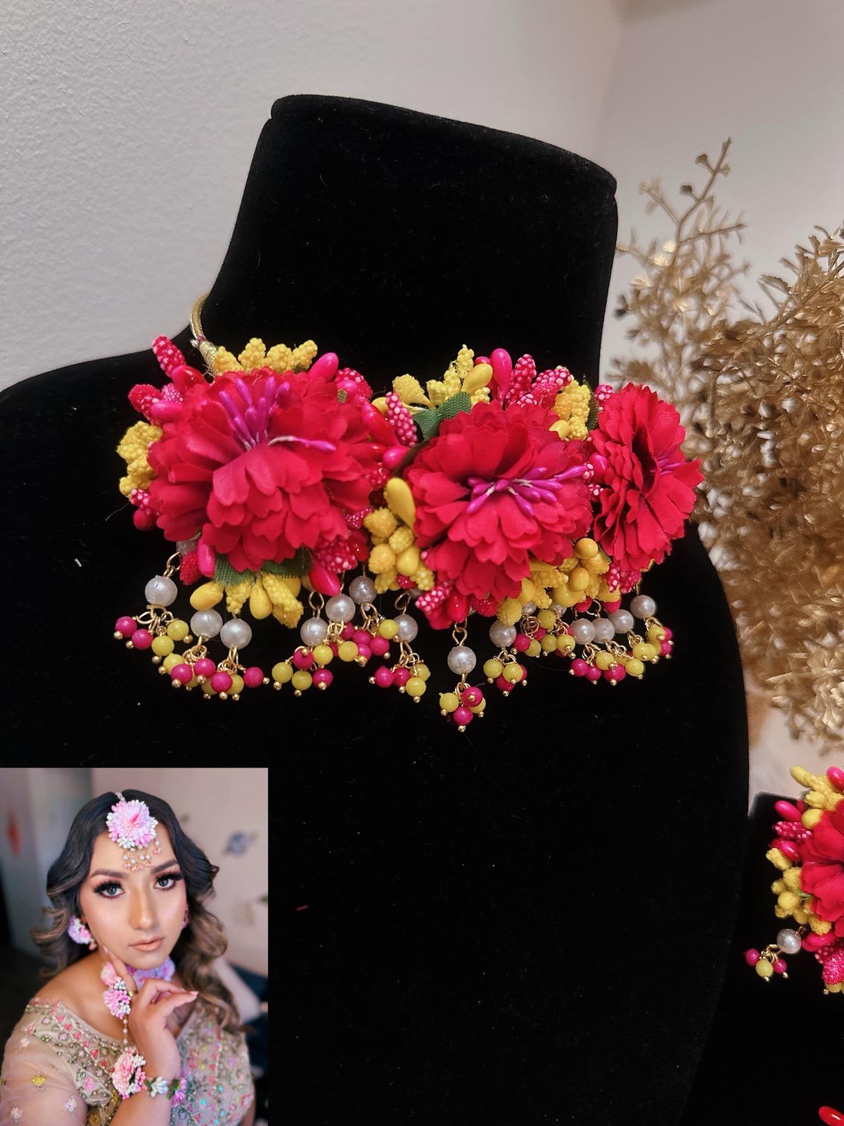 Floral Hot Pink Necklace Set, Haldi Necklace Set, Pink Jewelry, Pink Bridal Necklace Set, Pink Tikka, Pink Earrings, Bracelets & Rings