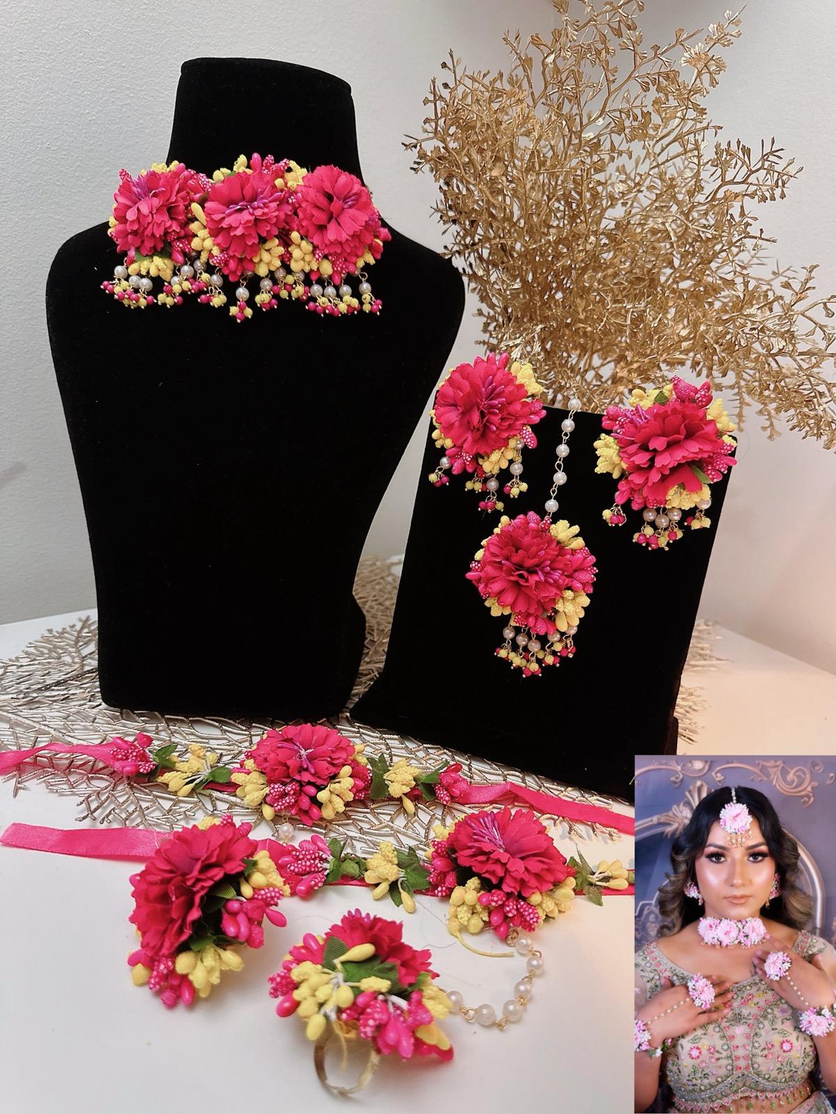 Floral Hot Pink Necklace Set, Haldi Necklace Set, Pink Jewelry, Pink Bridal Necklace Set, Pink Tikka, Pink Earrings, Bracelets & Rings