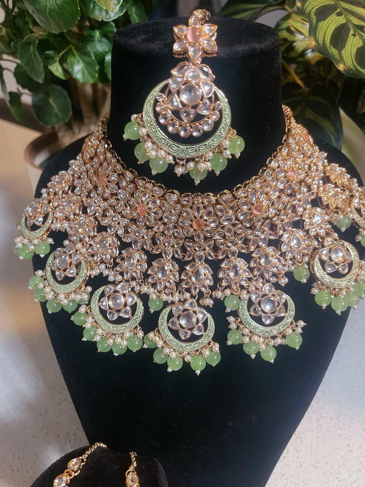 Bridal Mint Green Necklace Set | Mint Green Bridal Jewelry | Green Bridal Necklace Set | Bridal Necklace, Earrings & Tikka Set