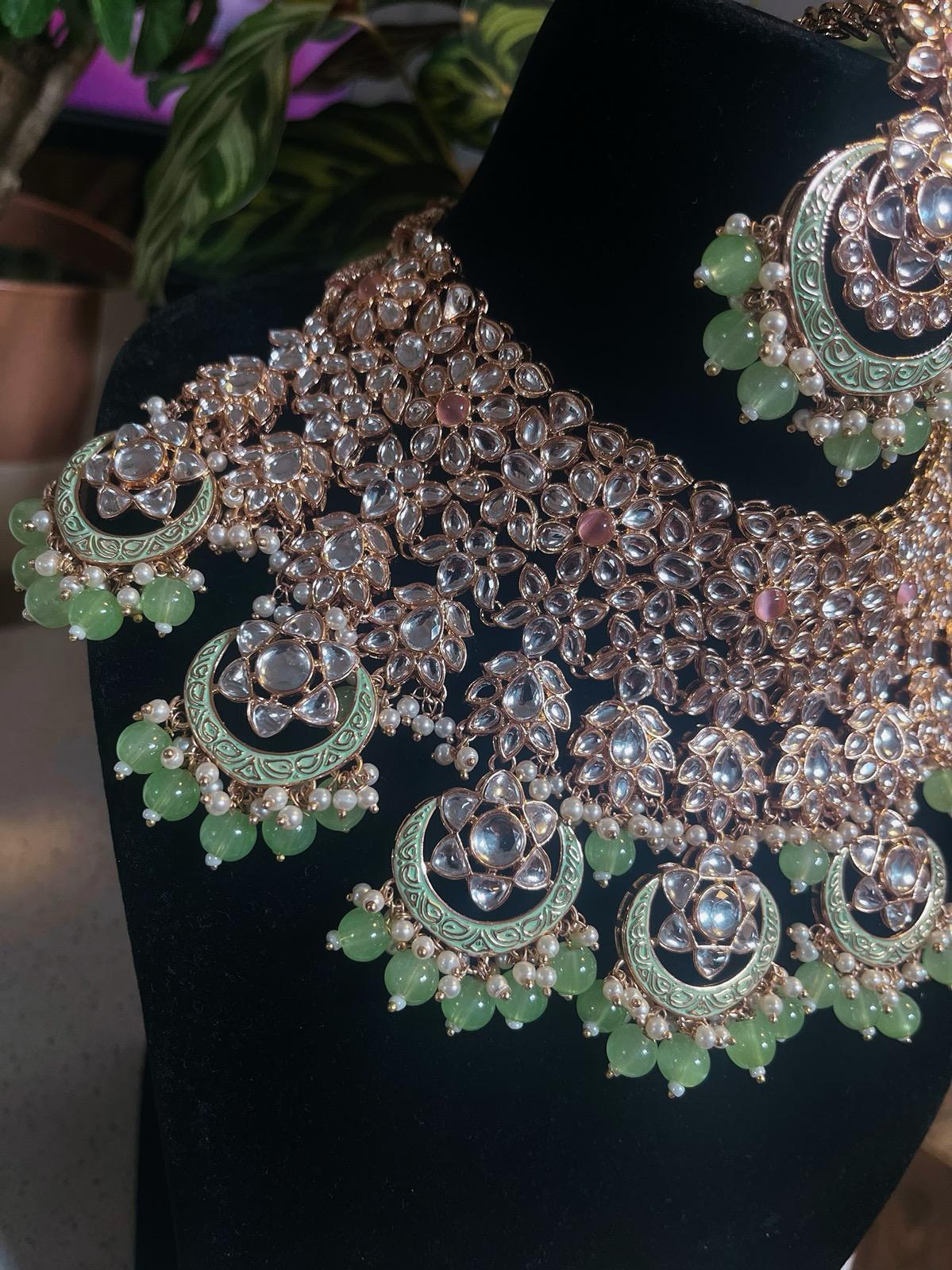 Bridal Mint Green Necklace Set | Mint Green Bridal Jewelry | Green Bridal Necklace Set | Bridal Necklace, Earrings & Tikka Set