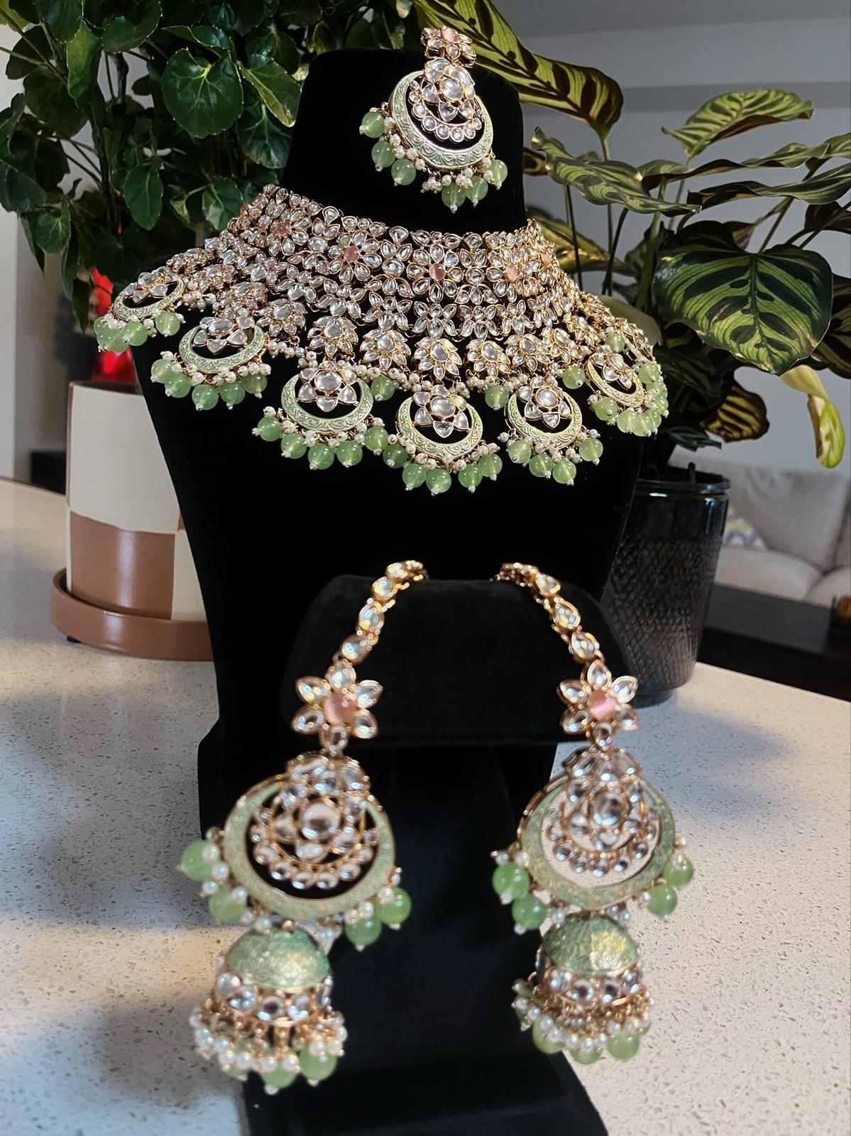 Bridal Mint Green Necklace Set | Mint Green Bridal Jewelry | Green Bridal Necklace Set | Bridal Necklace, Earrings & Tikka Set