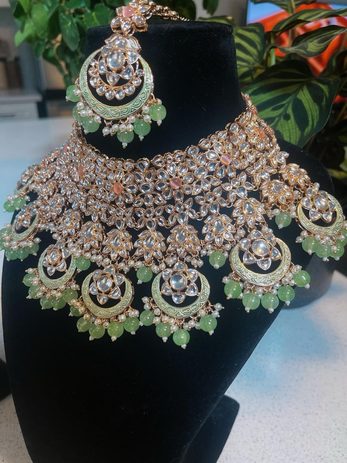 Bridal Mint Green Necklace Set | Mint Green Bridal Jewelry | Green Bridal Necklace Set | Bridal Necklace, Earrings & Tikka Set