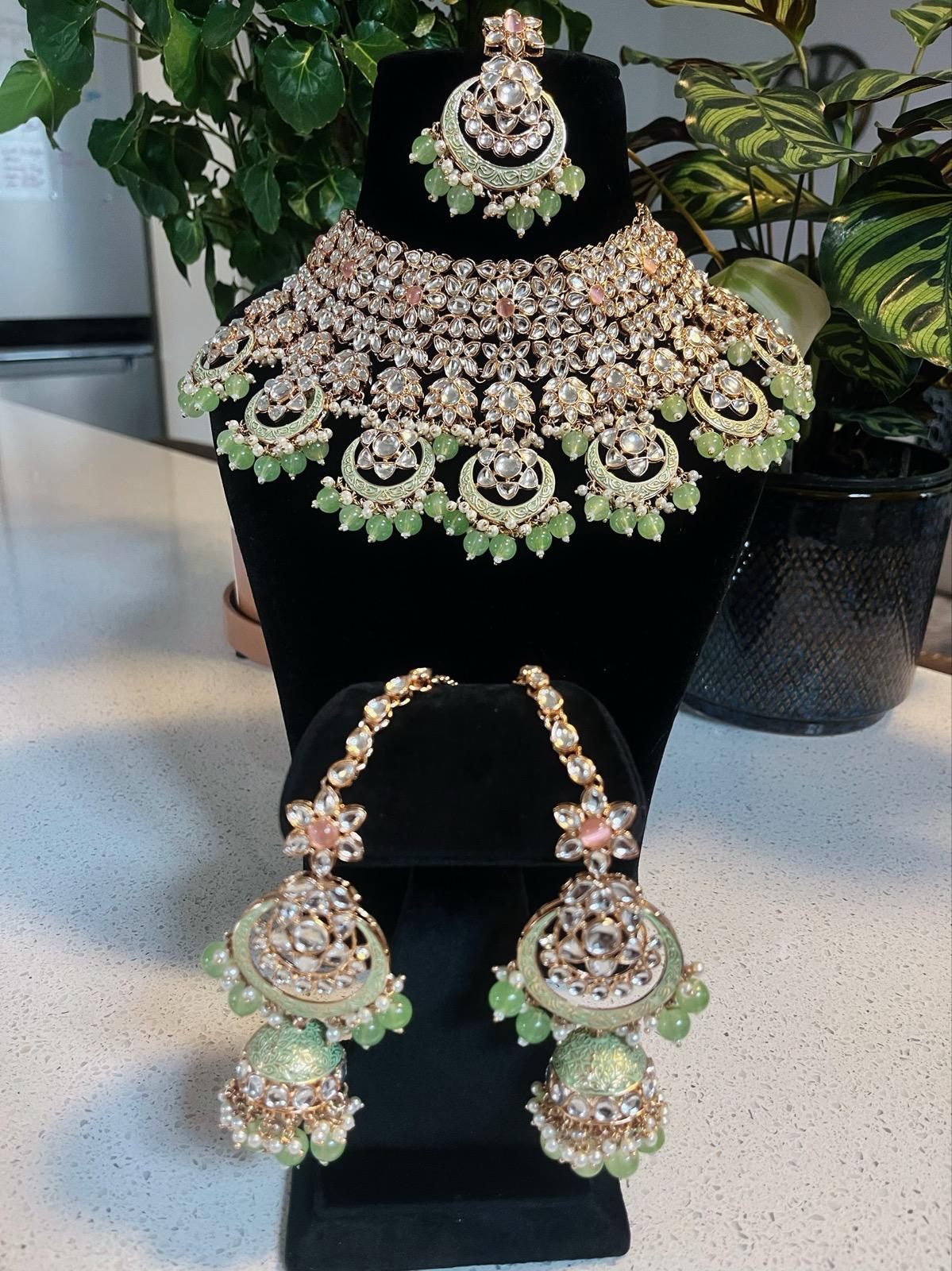 Bridal Mint Green Necklace Set | Mint Green Bridal Jewelry | Green Bridal Necklace Set | Bridal Necklace, Earrings & Tikka Set