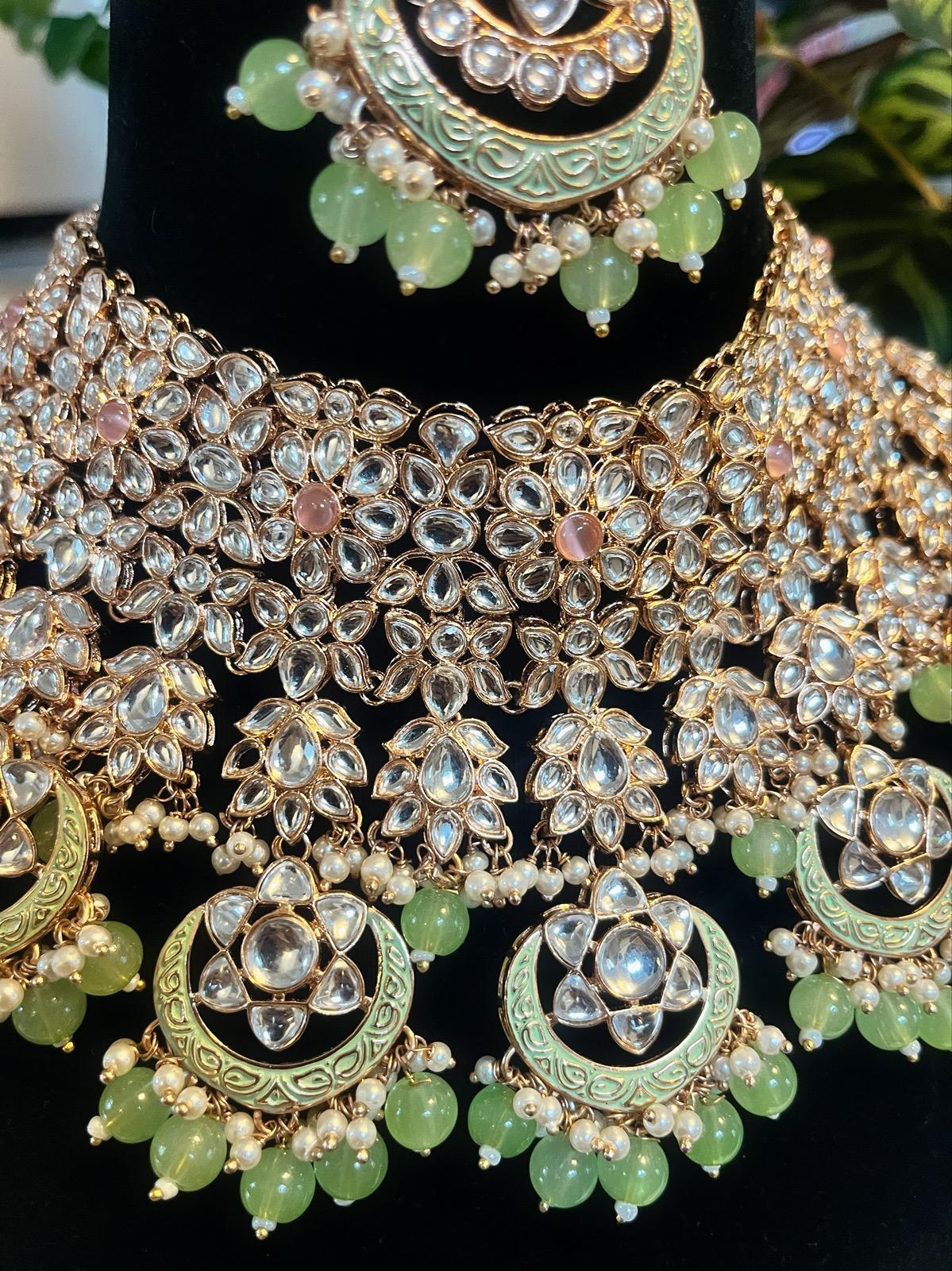 Bridal Mint Green Necklace Set | Mint Green Bridal Jewelry | Green Bridal Necklace Set | Bridal Necklace, Earrings & Tikka Set