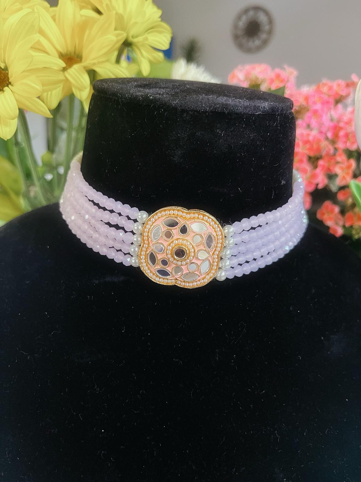 PINK Choker Necklace, Earrings & Tikka Set | Indian Jewelry | South Asian Jewelry | Earrings | Simple Choker Necklace | Pink Necklace Set