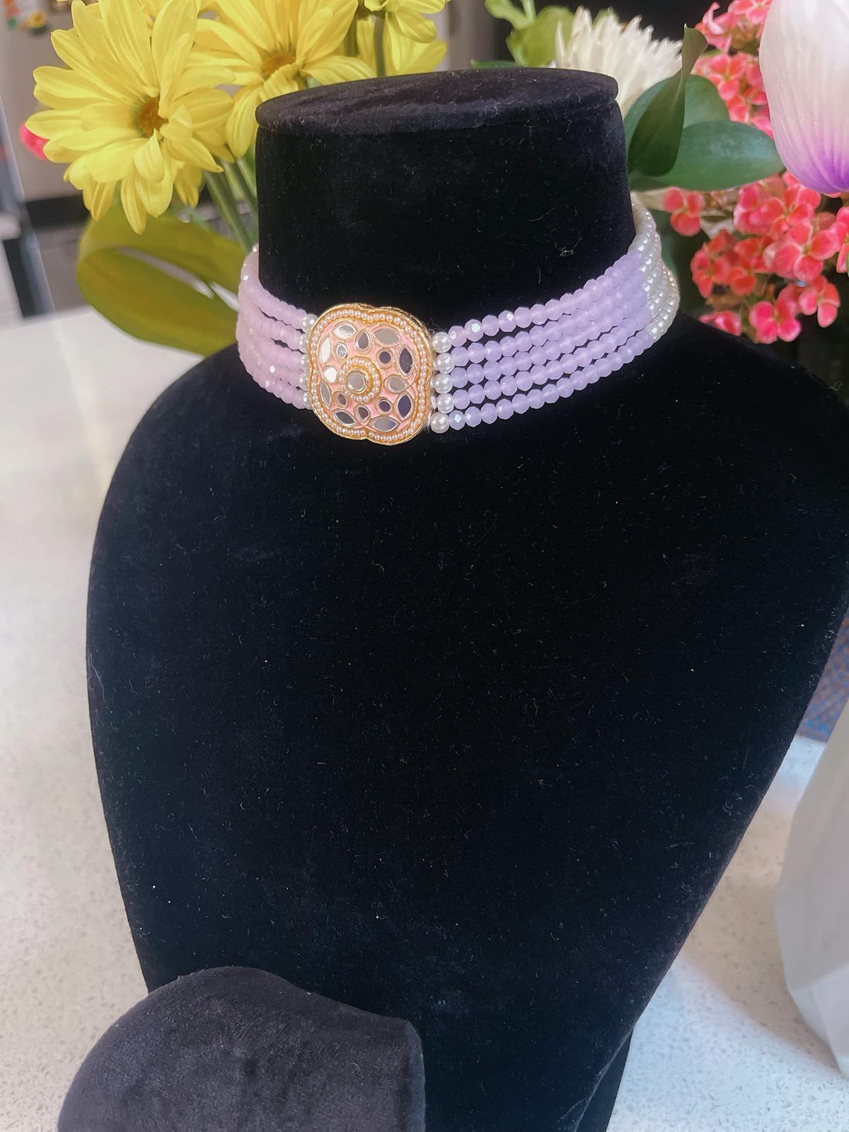 PINK Choker Necklace, Earrings & Tikka Set | Indian Jewelry | South Asian Jewelry | Earrings | Simple Choker Necklace | Pink Necklace Set