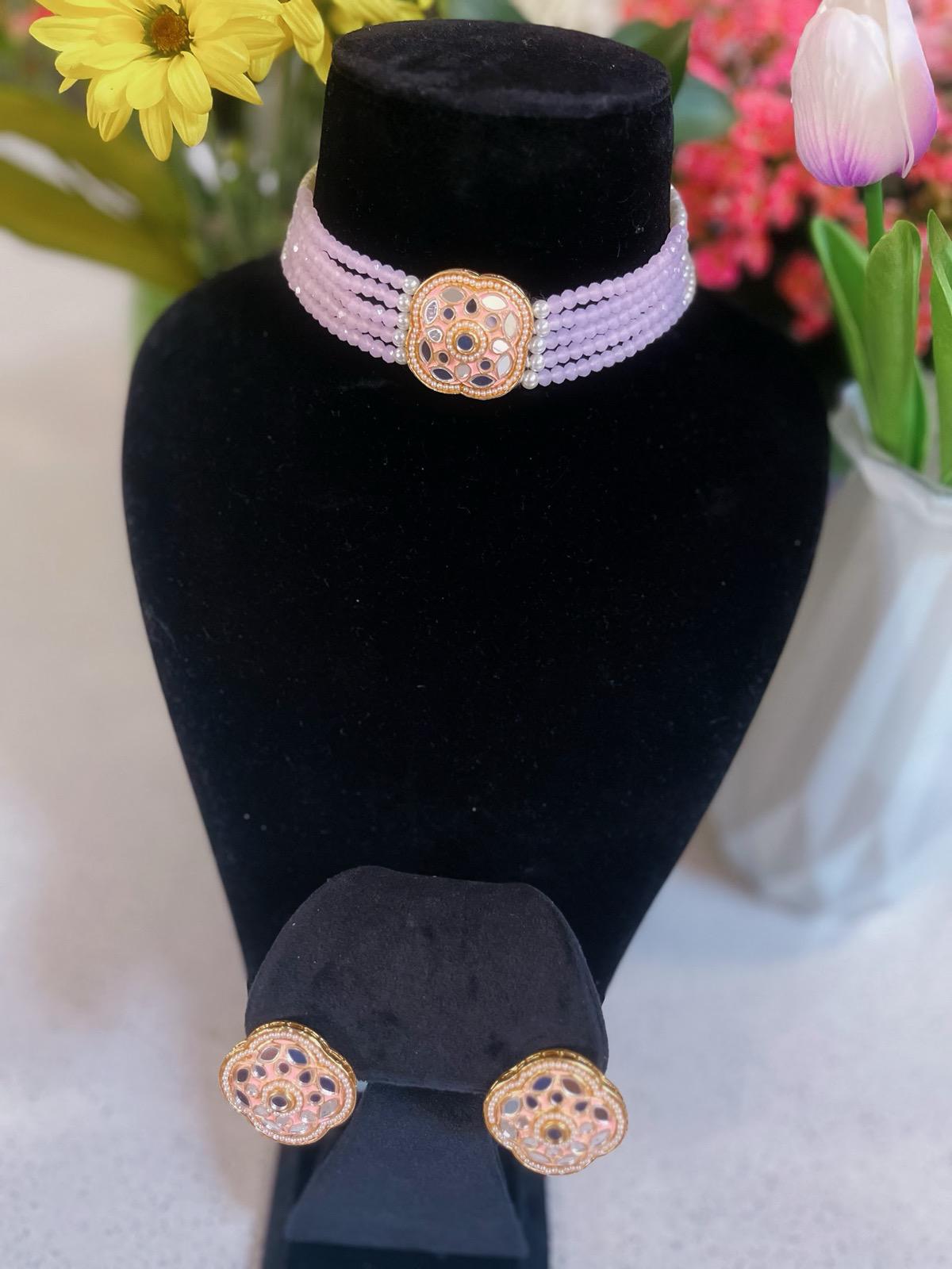 PINK Choker Necklace, Earrings & Tikka Set | Indian Jewelry | South Asian Jewelry | Earrings | Simple Choker Necklace | Pink Necklace Set