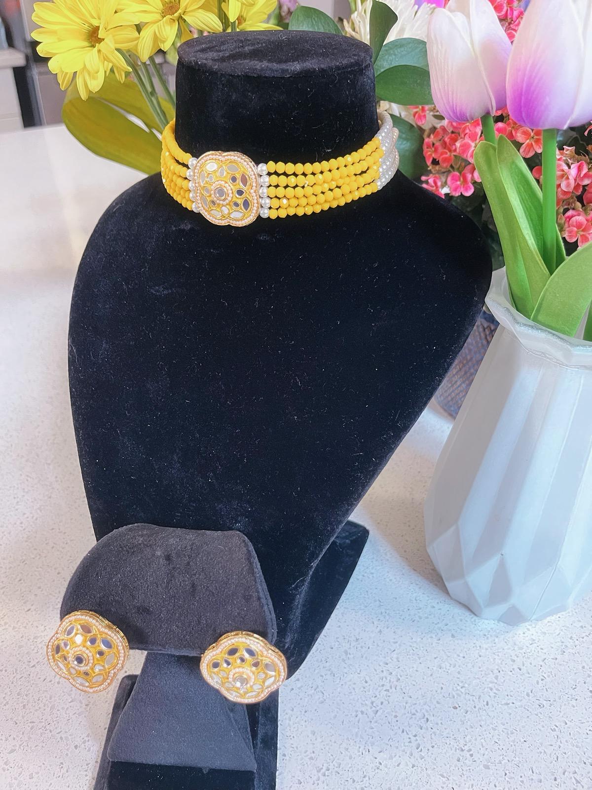 YELLOW Choker Necklace, Earrings & Tikka Set | Indian Jewelry | South Asian Jewelry | Tikka | Earrings | Simple Choker Necklace | Partywear
