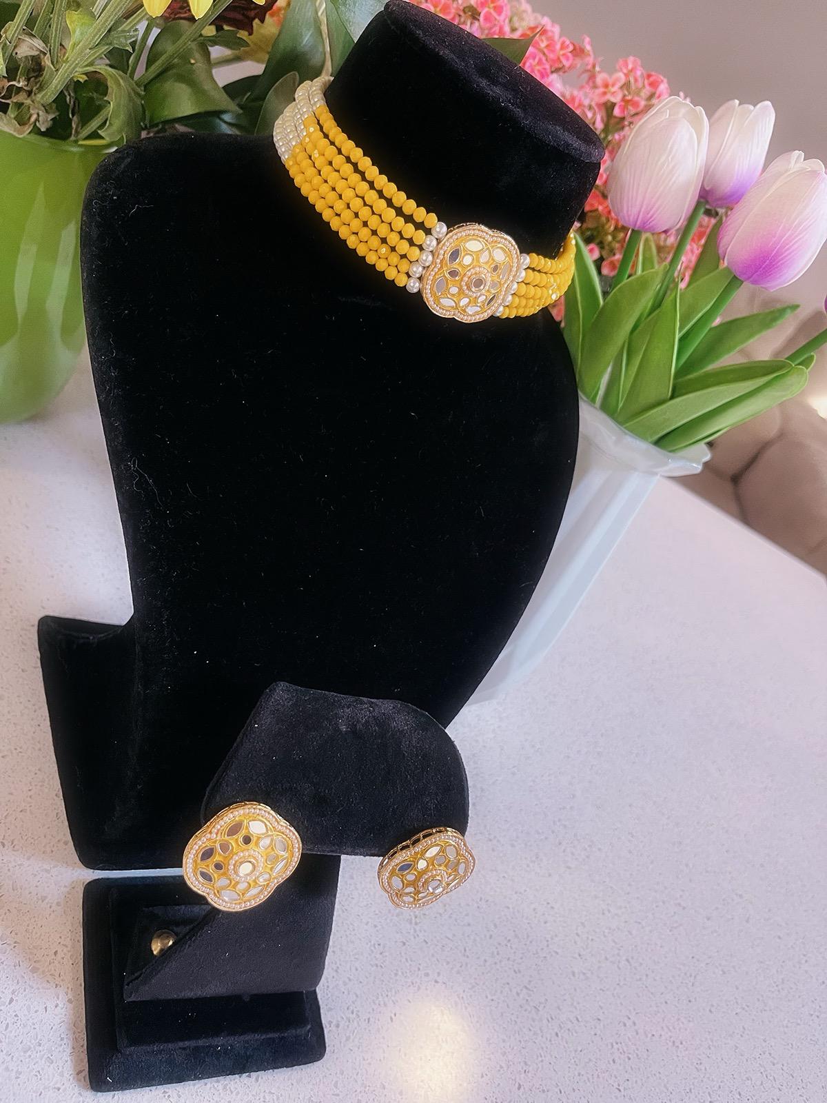YELLOW Choker Necklace, Earrings & Tikka Set | Indian Jewelry | South Asian Jewelry | Tikka | Earrings | Simple Choker Necklace | Partywear