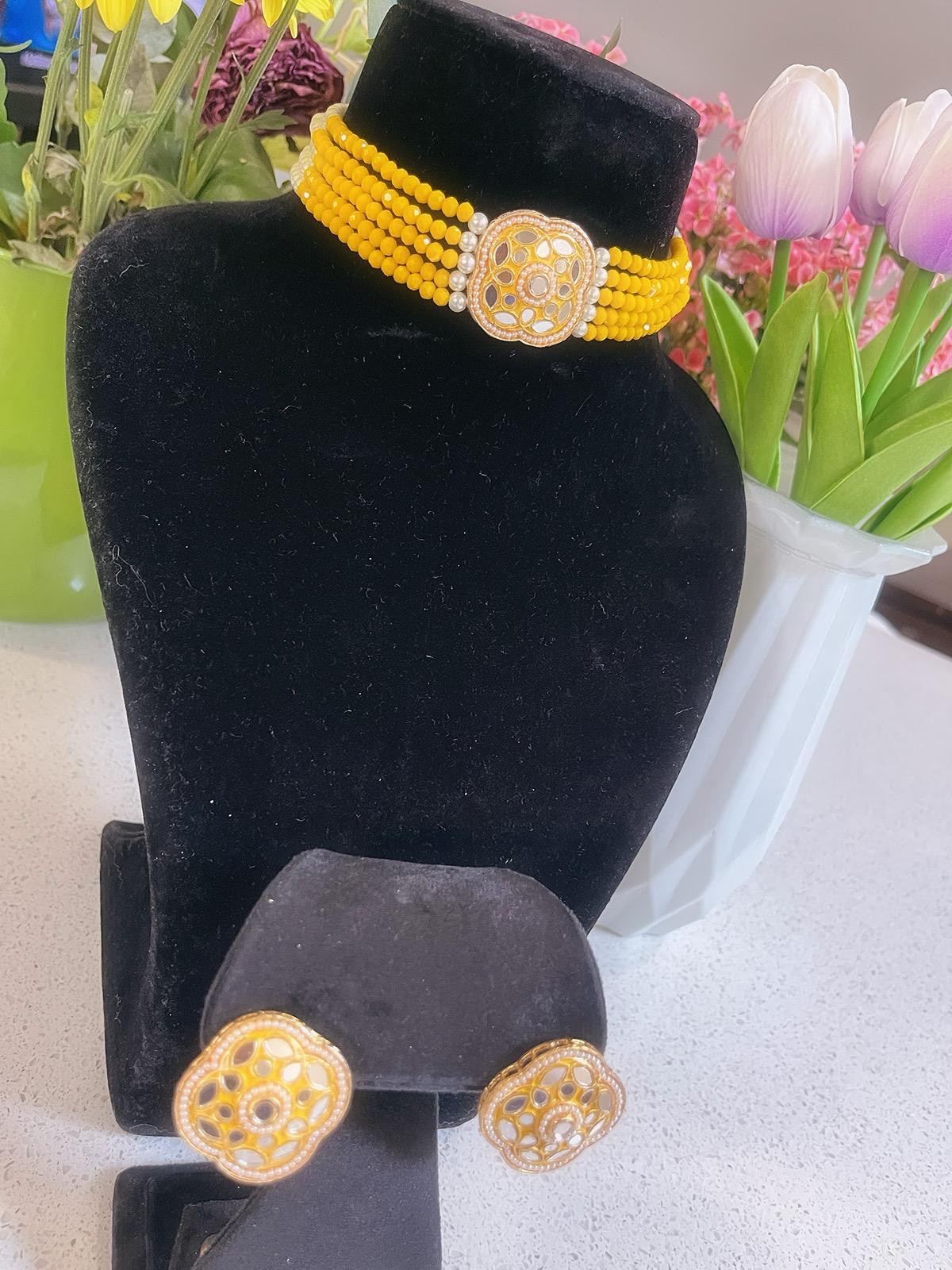 YELLOW Choker Necklace, Earrings & Tikka Set | Indian Jewelry | South Asian Jewelry | Tikka | Earrings | Simple Choker Necklace | Partywear