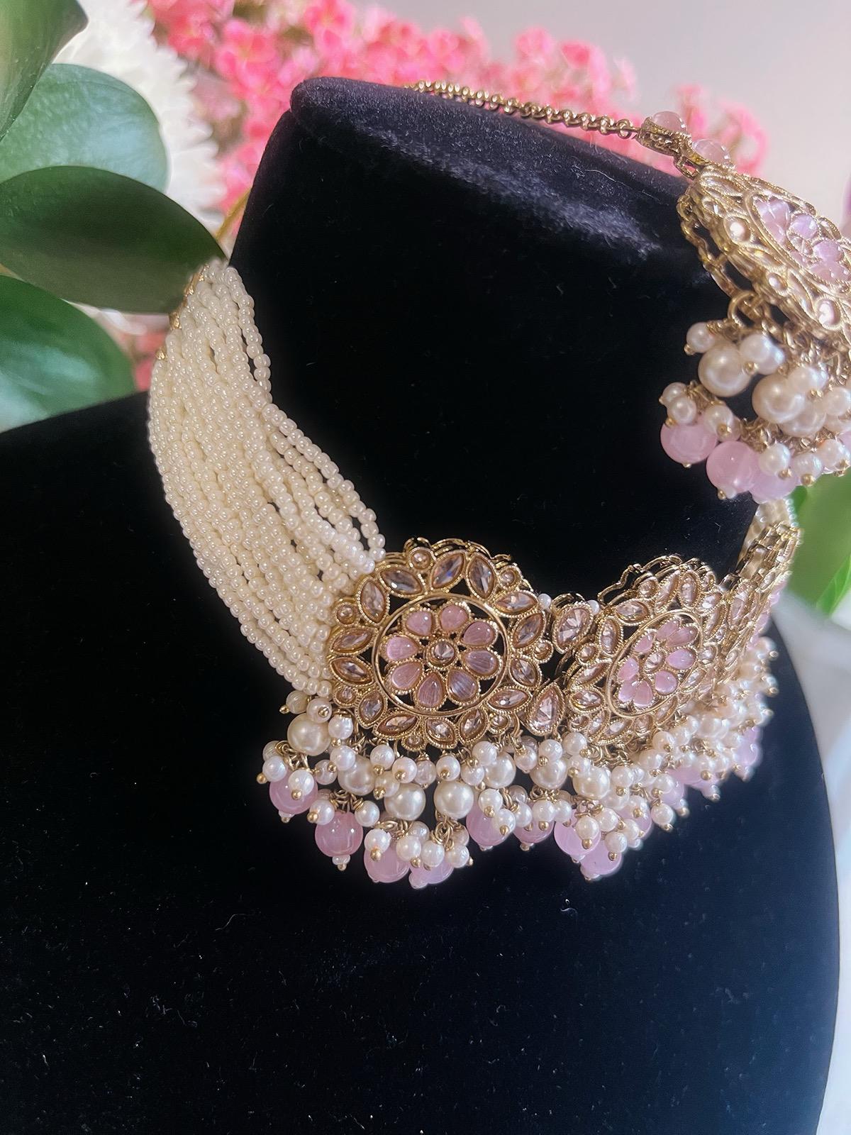 Baby Pink Choker Necklace, Earrings & Tikka Set | Lightweight Indian Jewelry | South Asian Jewelry | Pink Partywear Earrings | Pink Necklace