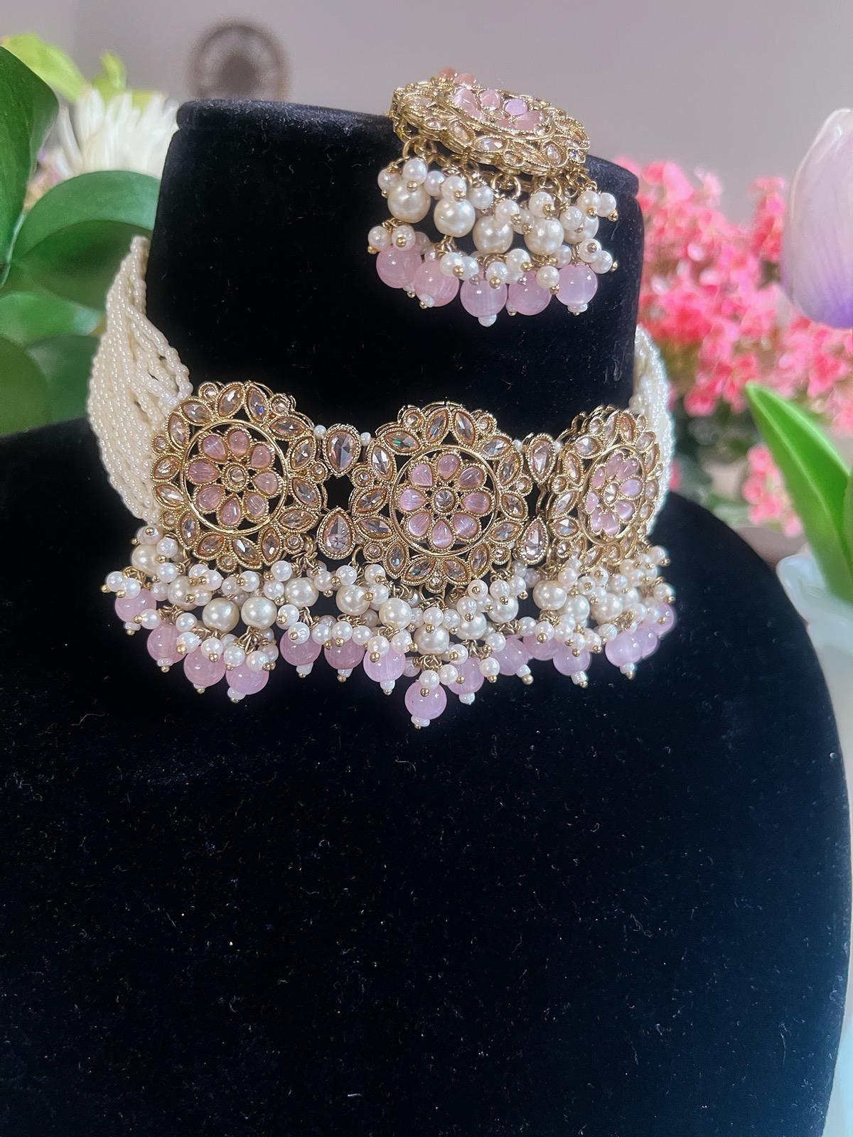 Baby Pink Choker Necklace, Earrings & Tikka Set | Lightweight Indian Jewelry | South Asian Jewelry | Pink Partywear Earrings | Pink Necklace