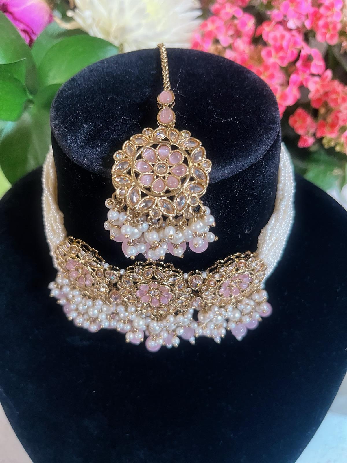 Baby Pink Choker Necklace, Earrings & Tikka Set | Lightweight Indian Jewelry | South Asian Jewelry | Pink Partywear Earrings | Pink Necklace