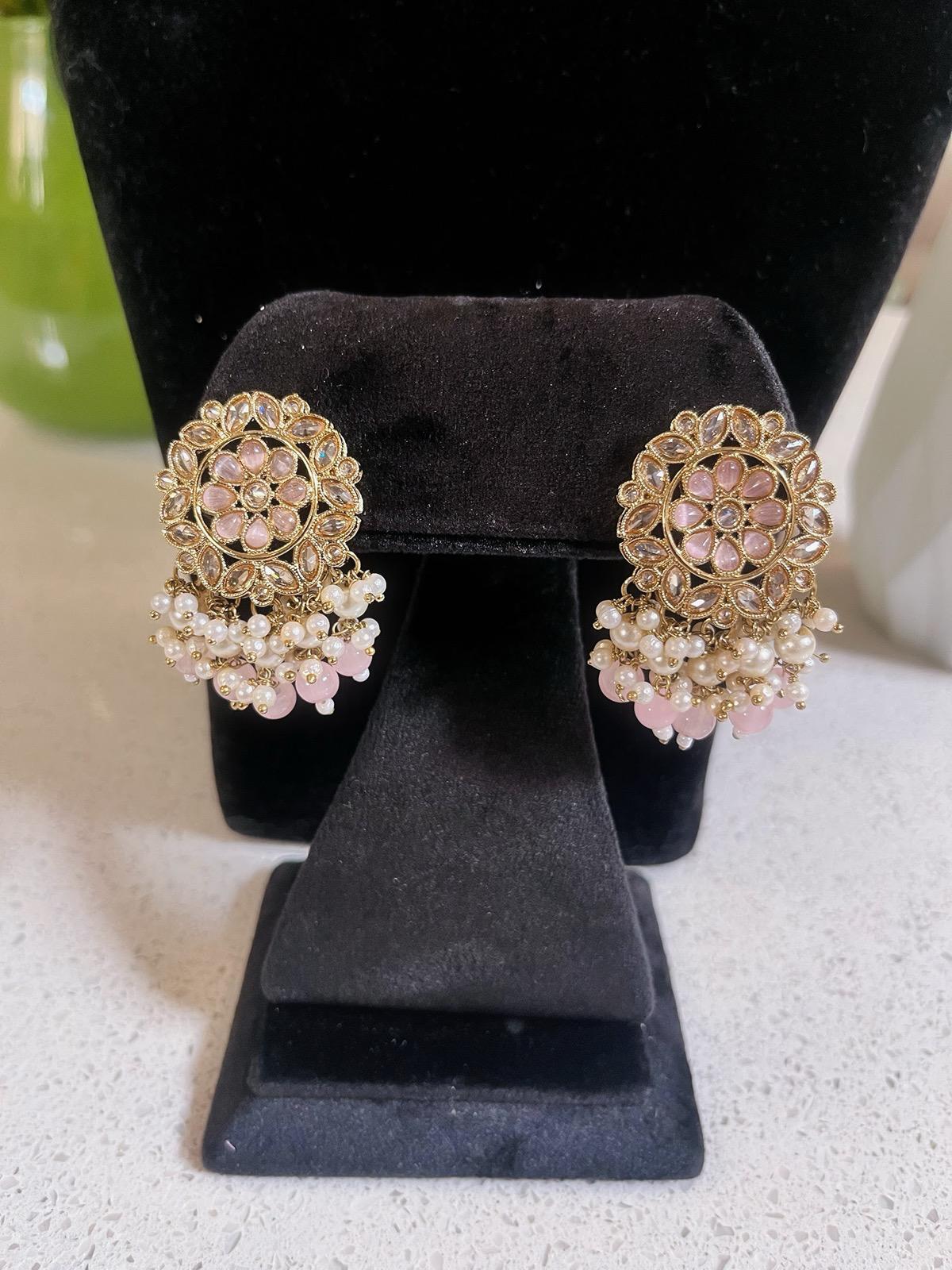 Baby Pink Choker Necklace, Earrings & Tikka Set | Lightweight Indian Jewelry | South Asian Jewelry | Pink Partywear Earrings | Pink Necklace