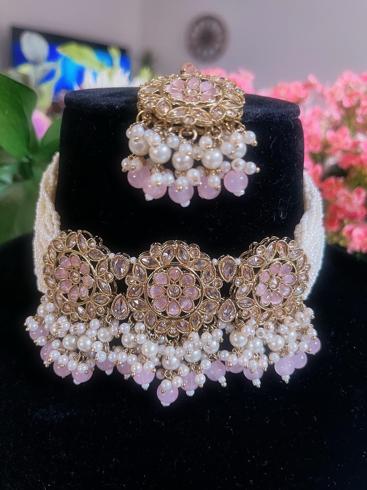 Baby Pink Choker Necklace, Earrings & Tikka Set | Lightweight Indian Jewelry | South Asian Jewelry | Pink Partywear Earrings | Pink Necklace