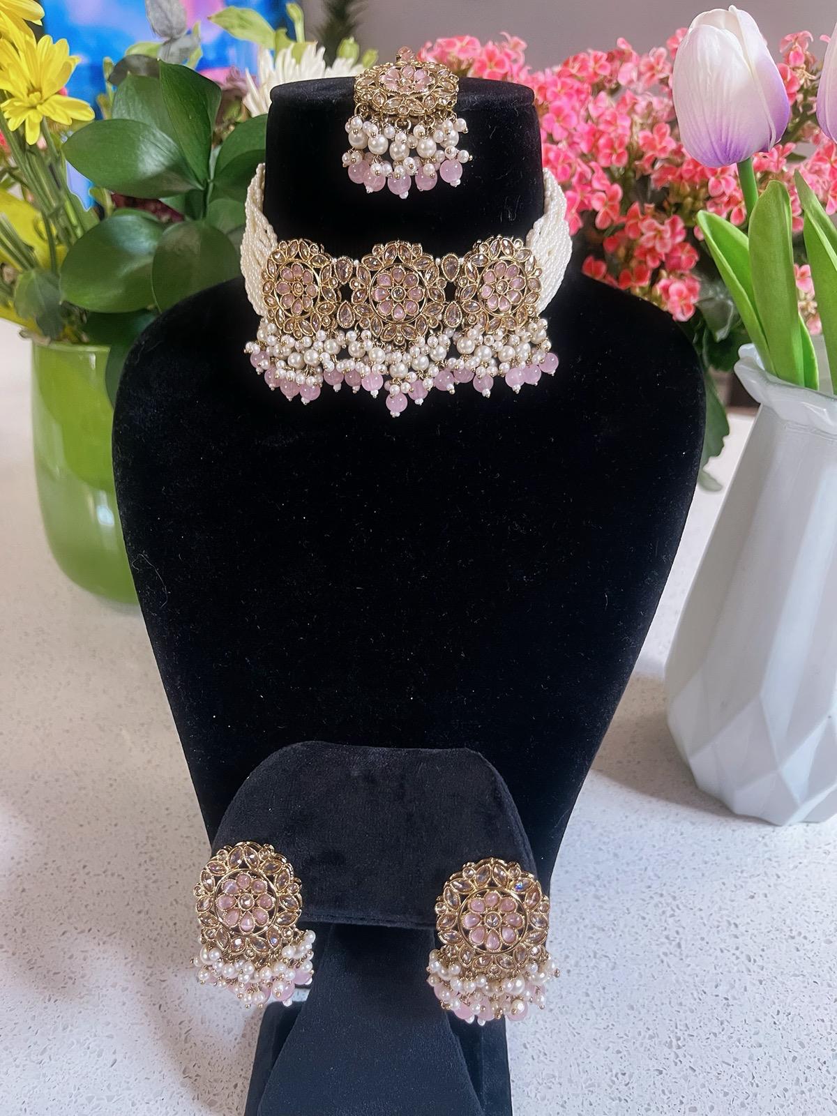 Baby Pink Choker Necklace, Earrings & Tikka Set | Lightweight Indian Jewelry | South Asian Jewelry | Pink Partywear Earrings | Pink Necklace