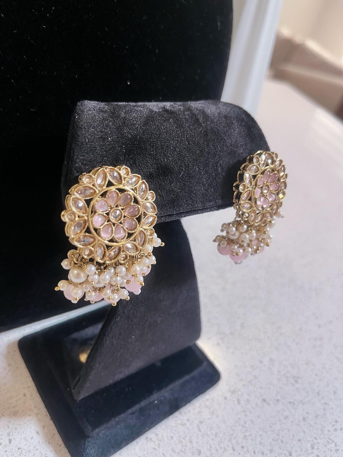 Baby Pink Choker Necklace, Earrings & Tikka Set | Lightweight Indian Jewelry | South Asian Jewelry | Pink Partywear Earrings | Pink Necklace