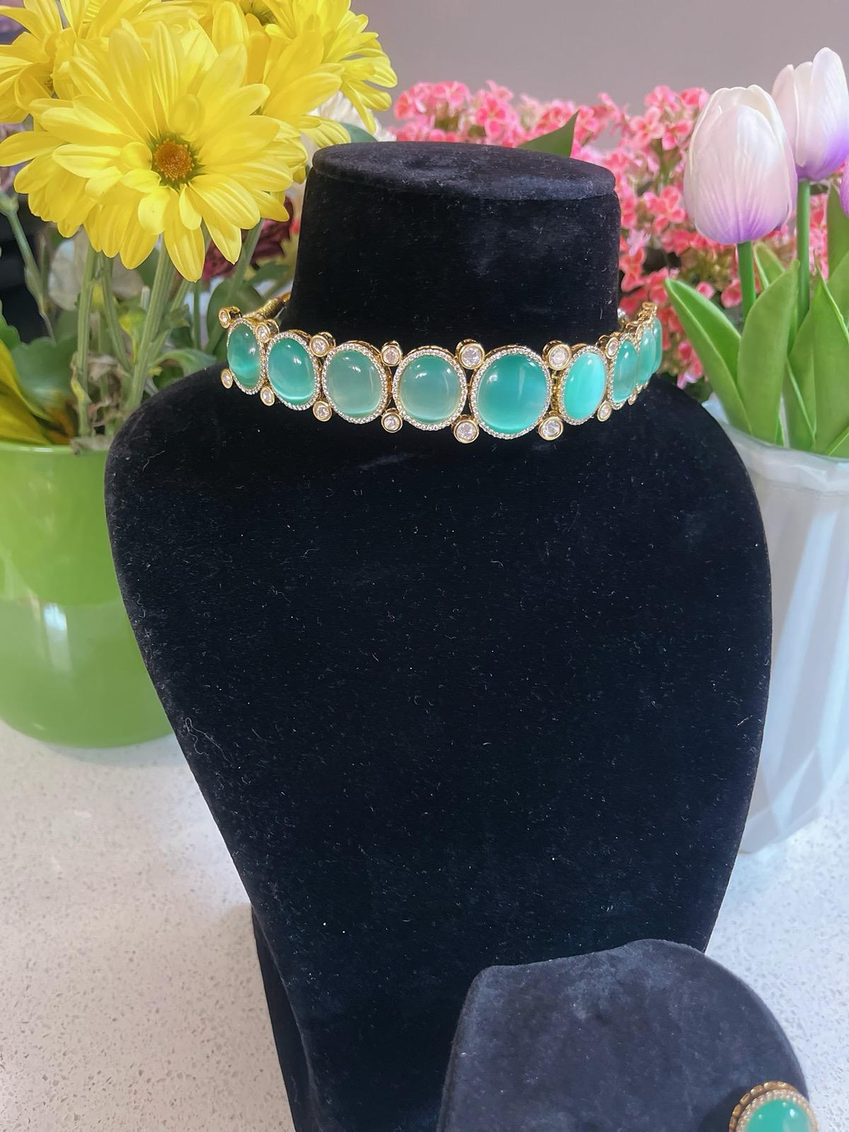 Mint Necklace & Stud Earrings Set | Indian Jewelry | South Asian Jewelry | Earrings | Partywear
