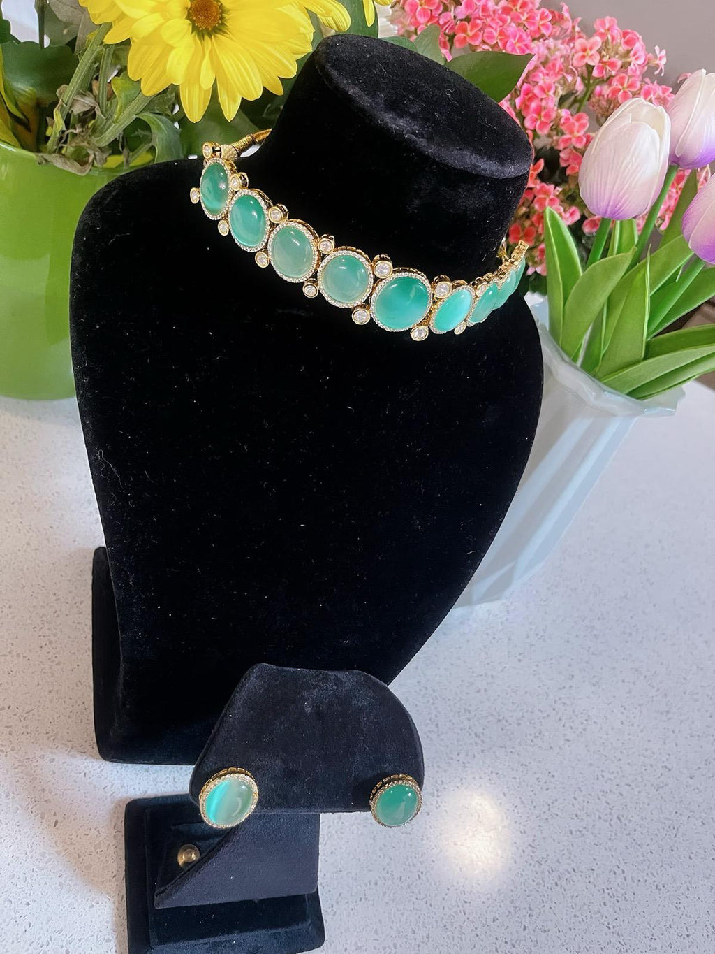 Mint Necklace & Stud Earrings Set | Indian Jewelry | South Asian Jewelry | Earrings | Partywear