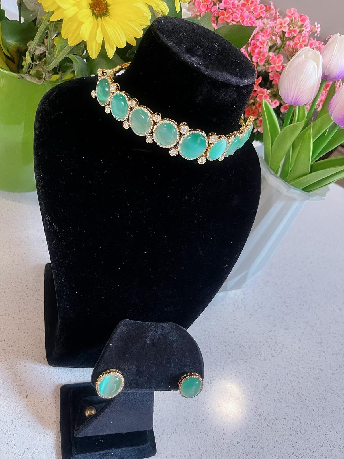 Mint Necklace & Stud Earrings Set | Indian Jewelry | South Asian Jewelry | Earrings | Partywear