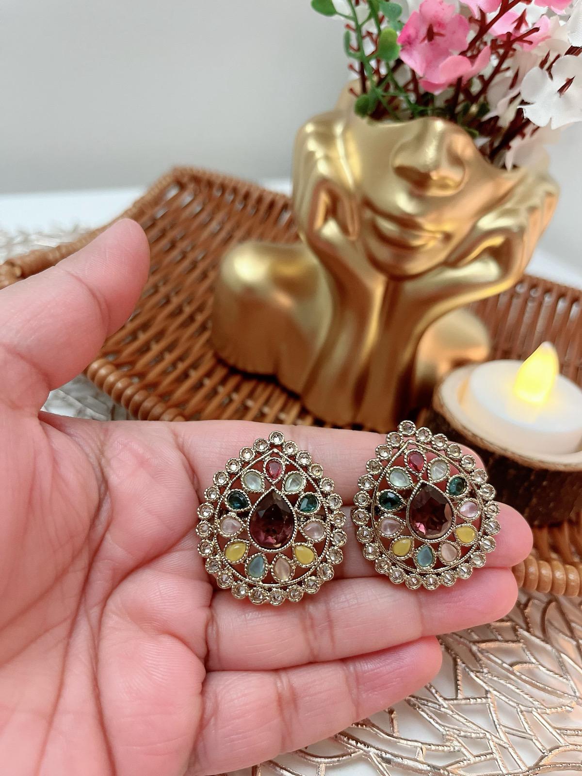 Multicolor Stud Earrings available in Baby Pink, Gold, White and Multicolor | Indian Jewelry | South Asian Jewelry | Stud Earrings