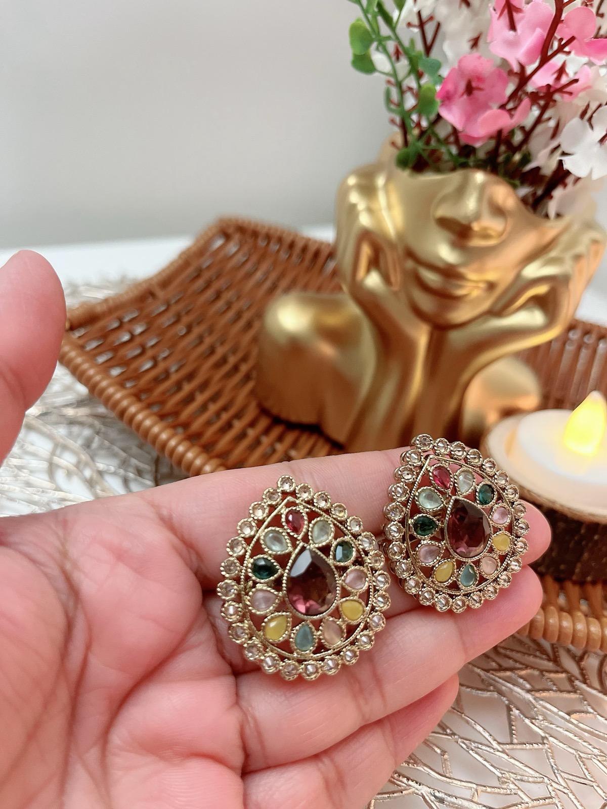 Multicolor Stud Earrings available in Baby Pink, Gold, White and Multicolor | Indian Jewelry | South Asian Jewelry | Stud Earrings