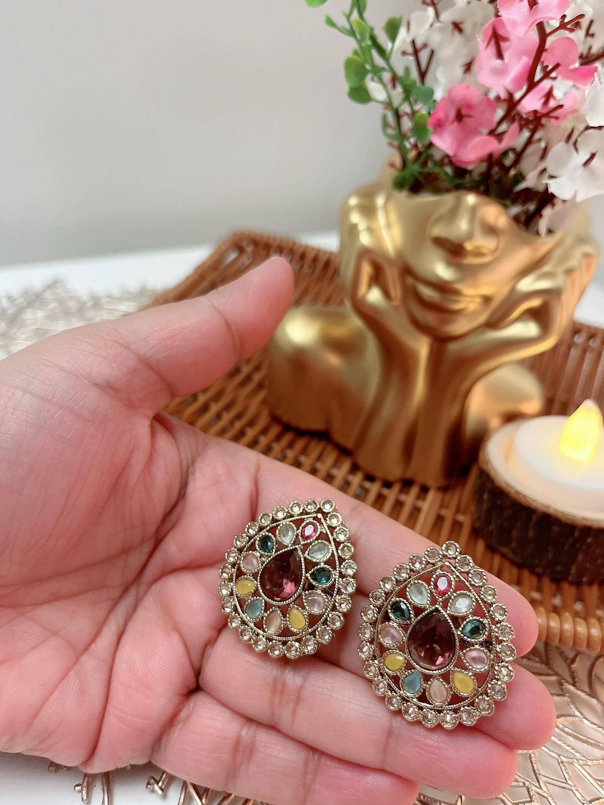 Multicolor Stud Earrings available in Baby Pink, Gold, White and Multicolor | Indian Jewelry | South Asian Jewelry | Stud Earrings