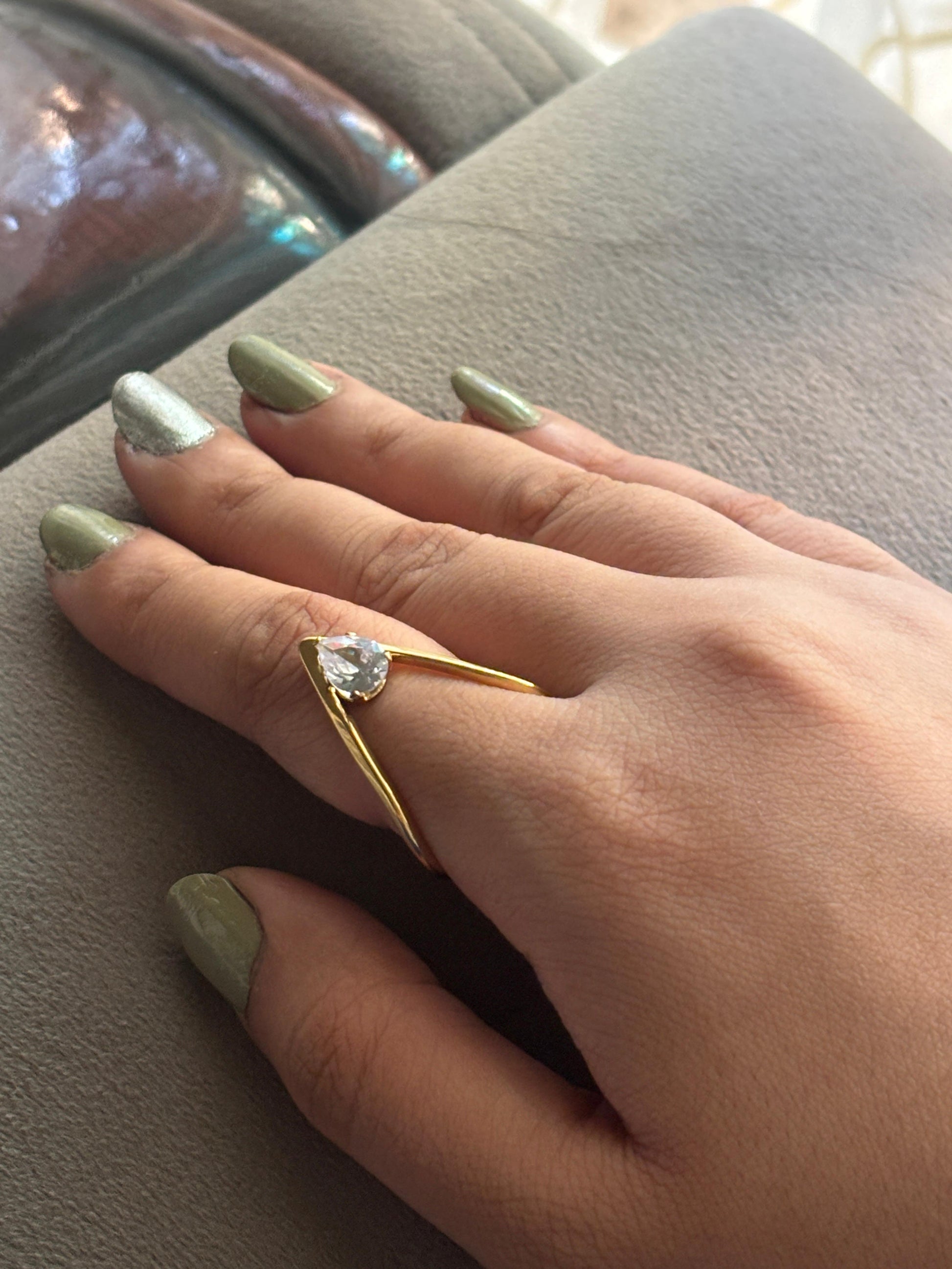 Unique Heart Ring with Pear Cut CZ Stone