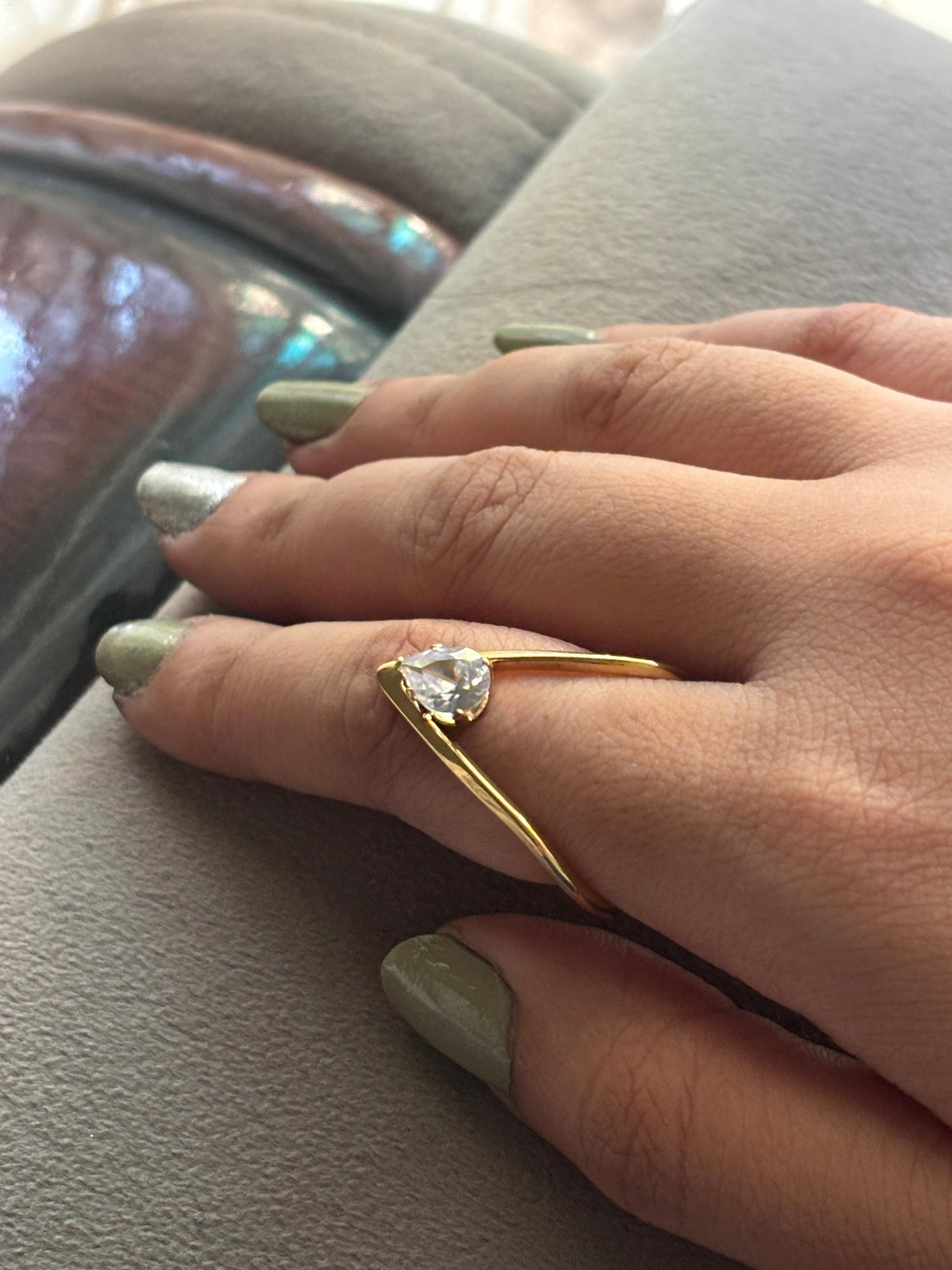 Unique Heart Ring with Pear Cut CZ Stone