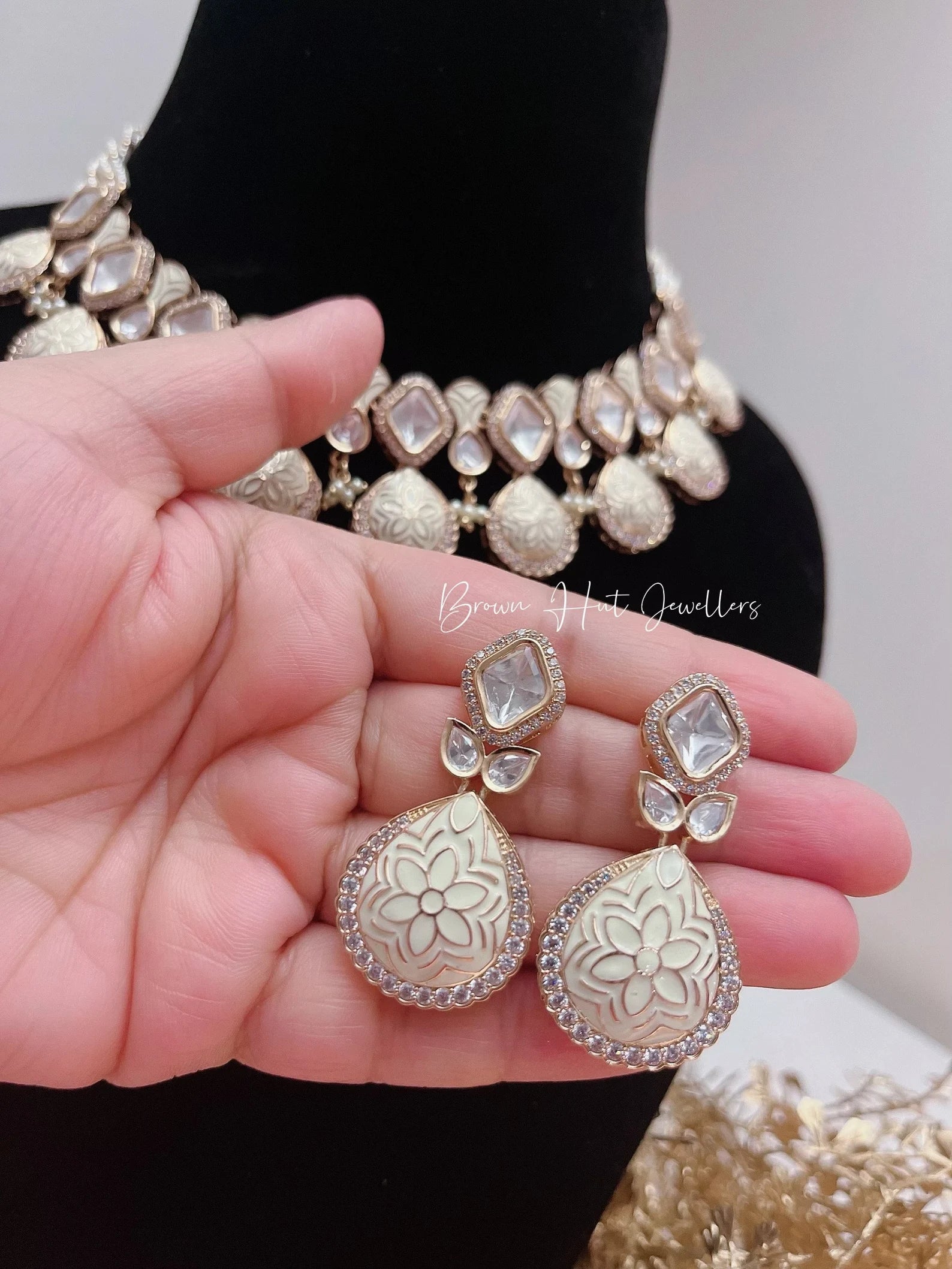 Meenakari Cream Necklace, Earrings & Tikka Set | Indian Jewelry | South Asian Jewelry | Tikka | Earings | Danglers | White Necklace Set