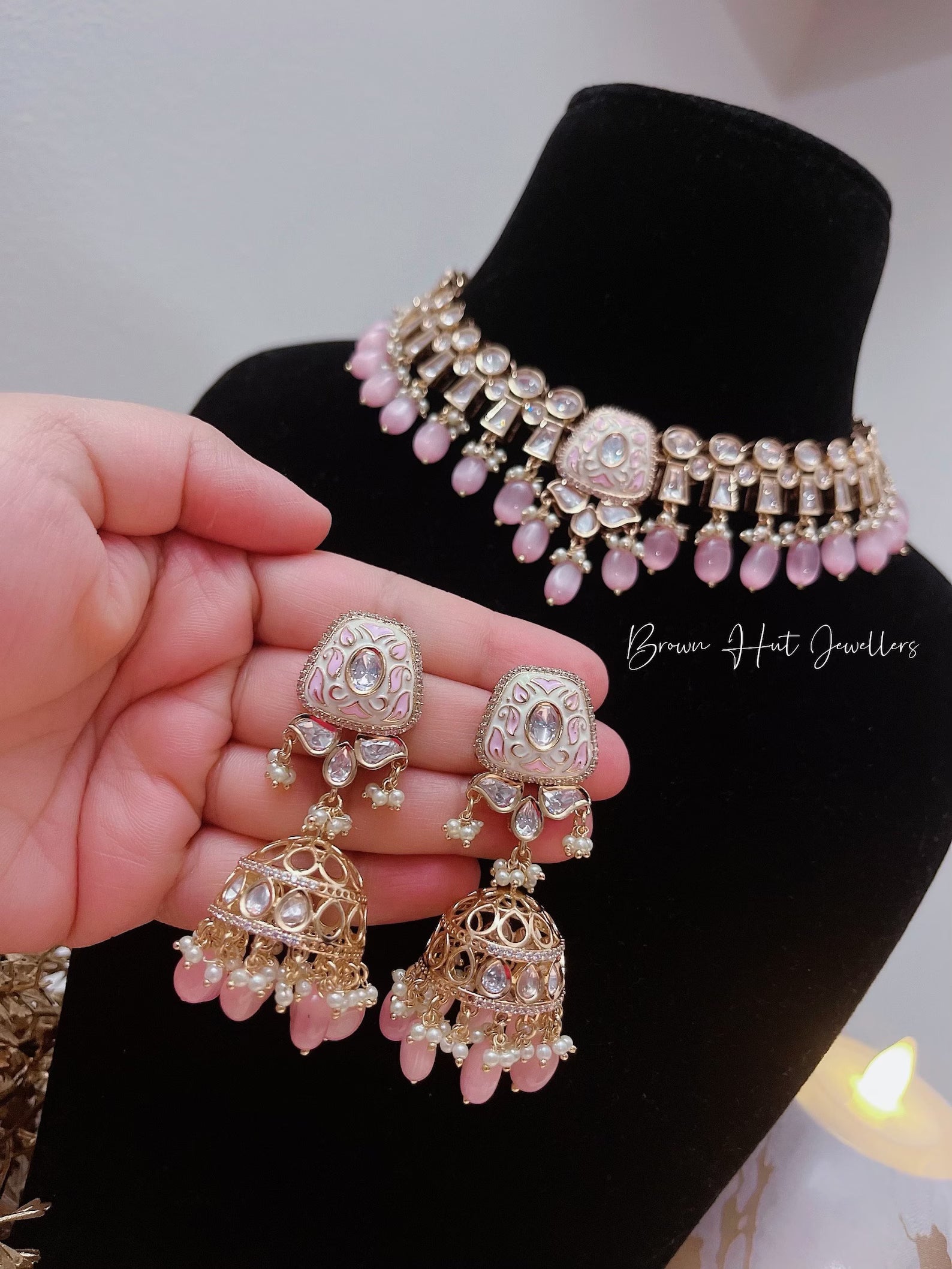 Pink Necklace & Earrings Set | Indian Jewelry | South Asian Jewelry | Earrings | Danglers | Meenakari Baby Pink Necklace