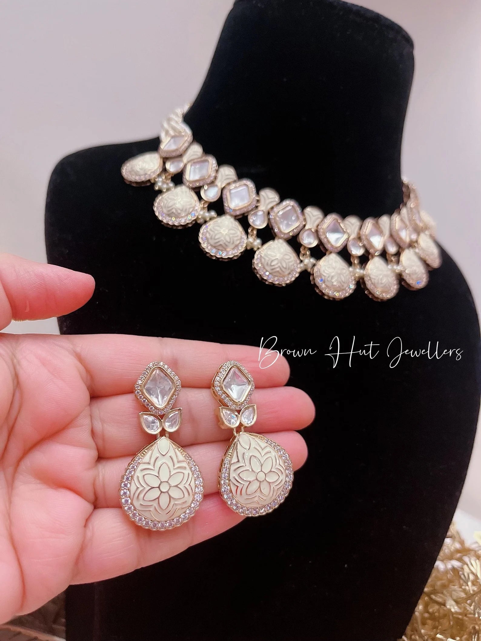 Meenakari Cream Necklace, Earrings & Tikka Set | Indian Jewelry | South Asian Jewelry | Tikka | Earings | Danglers | White Necklace Set