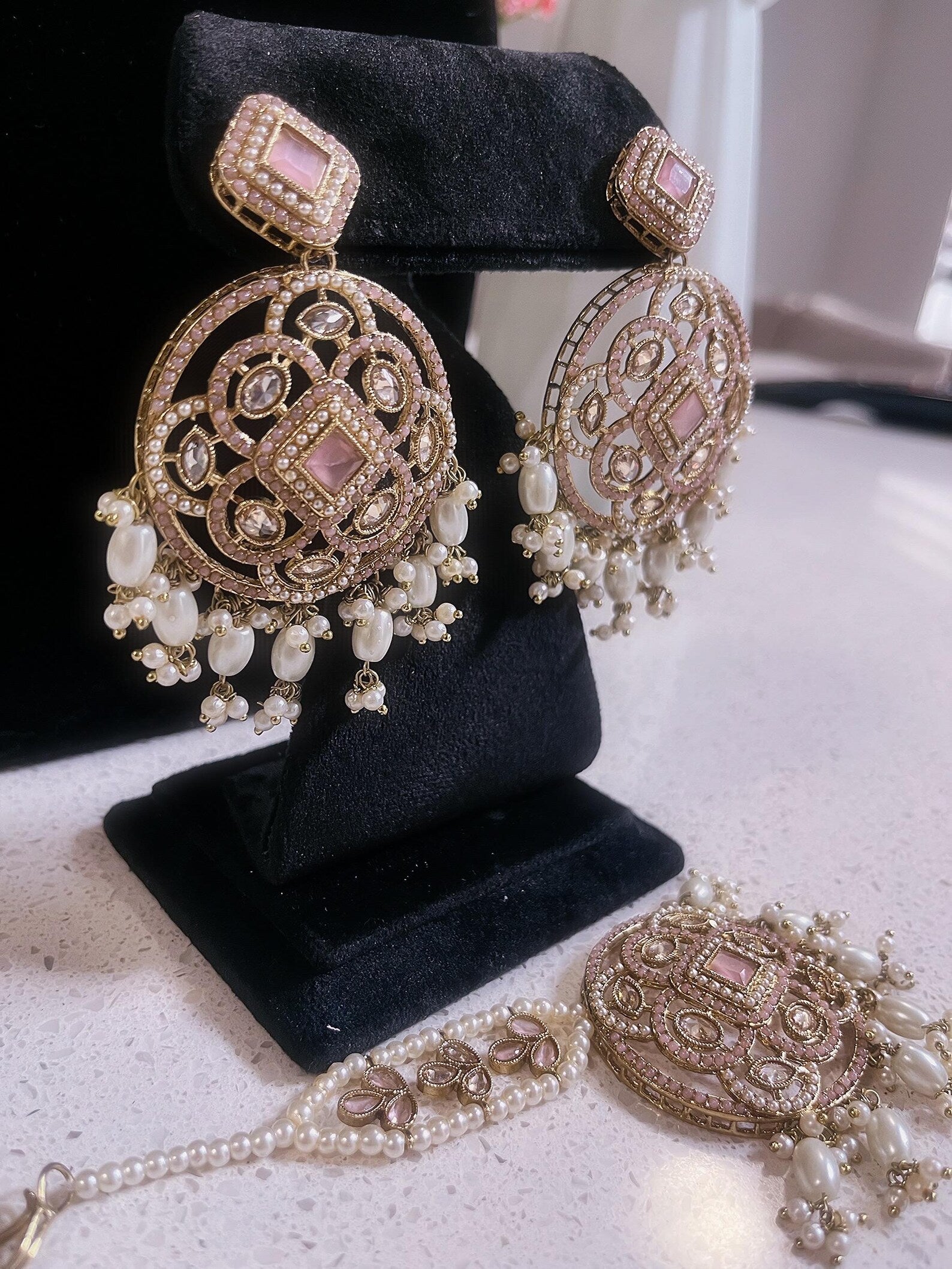 Baby Pink Choker Necklace, Earrings & Tikka Set | Lightweight Indian Jewelry | South Asian Jewelry | Pink Partywear Earrings | Pink Necklace