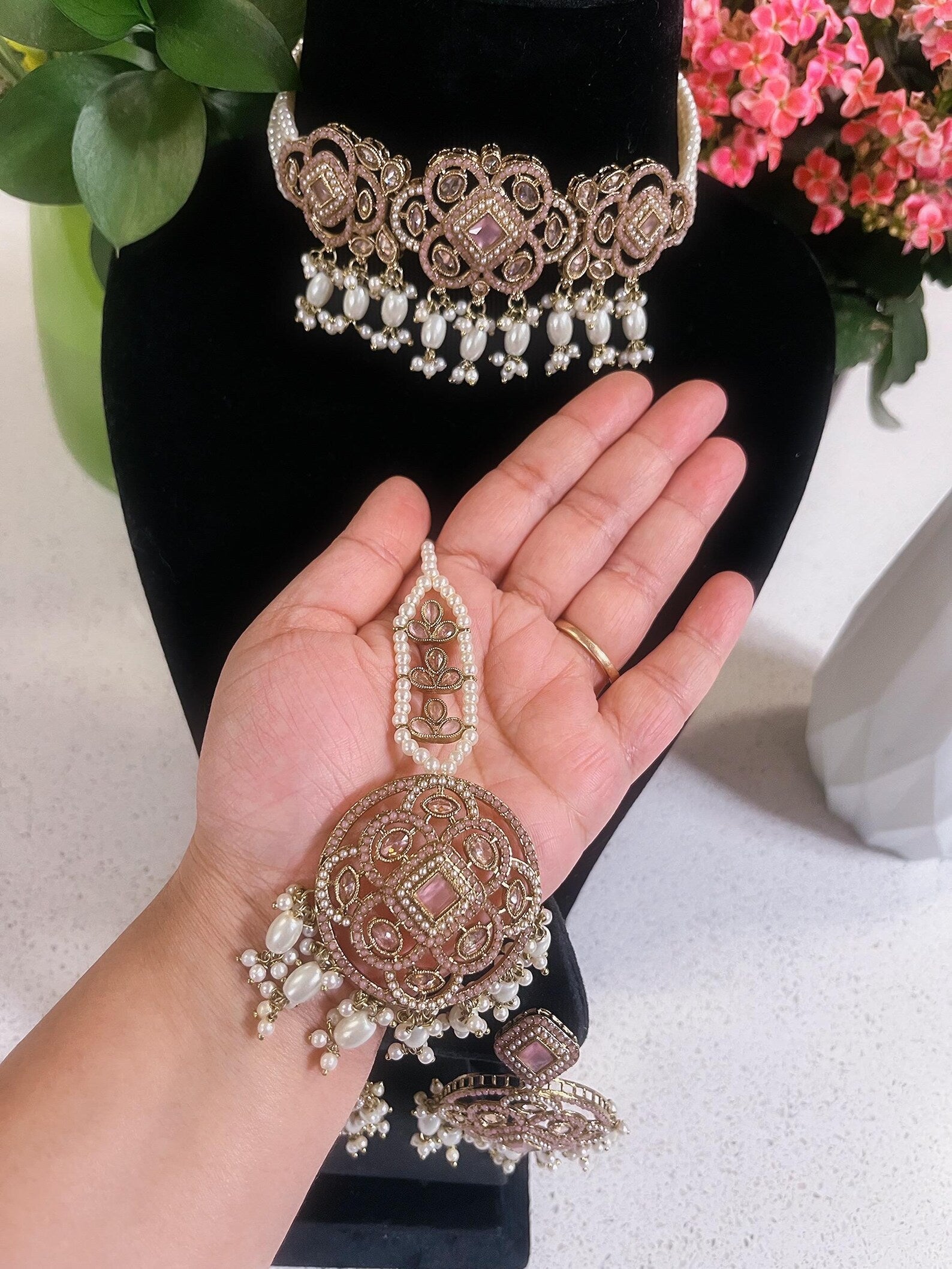 Baby Pink Choker Necklace, Earrings & Tikka Set | Lightweight Indian Jewelry | South Asian Jewelry | Pink Partywear Earrings | Pink Necklace